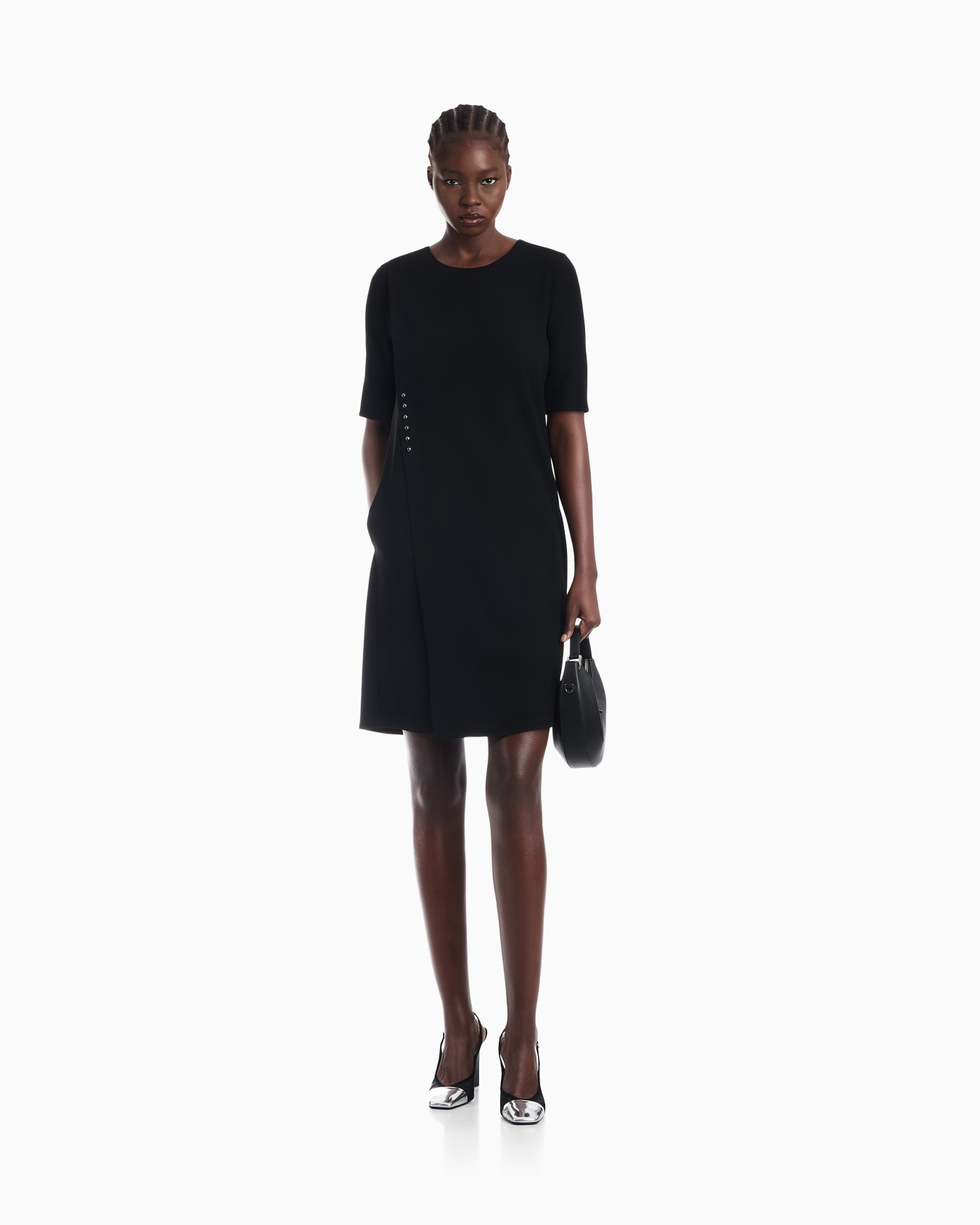 Unlined dress in techno cady with asymmetrical buttoning Slide 1