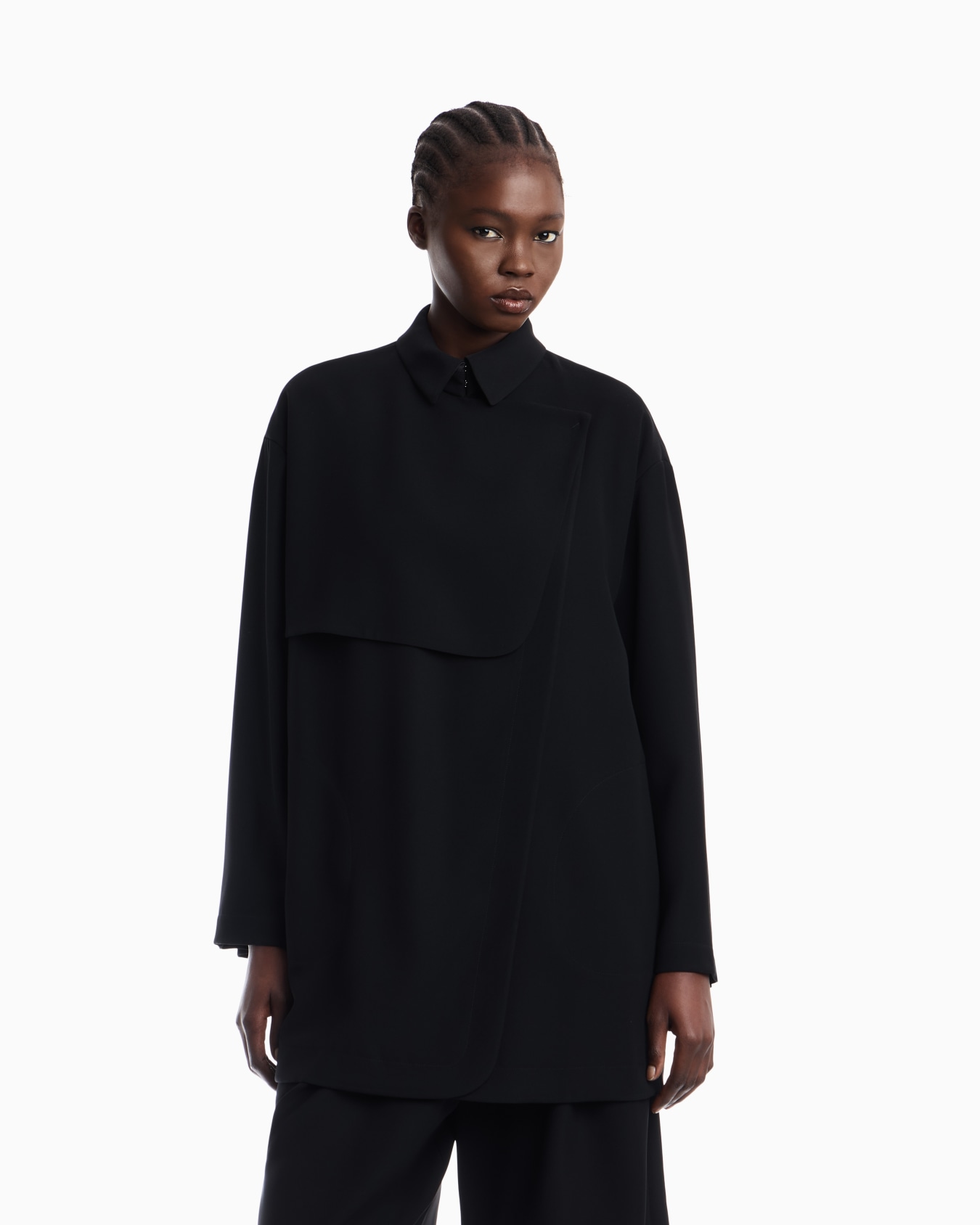 Coat in techno cady with asymmetrical flap and sleeve zips Slide 3