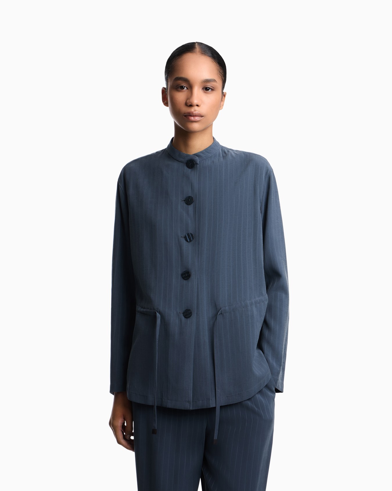 Pinstriped fluid fabric guru-collar jacket Slide 4