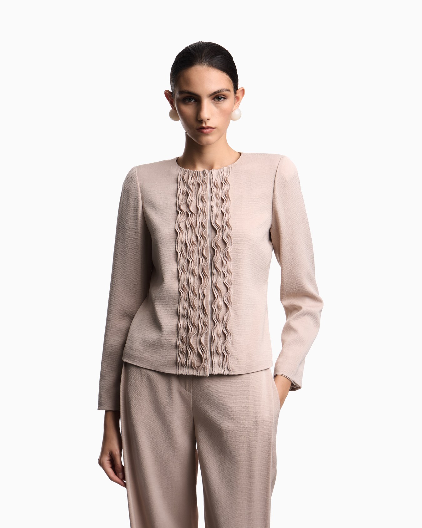 Jacket in textured fabric with ruffles Slide 3