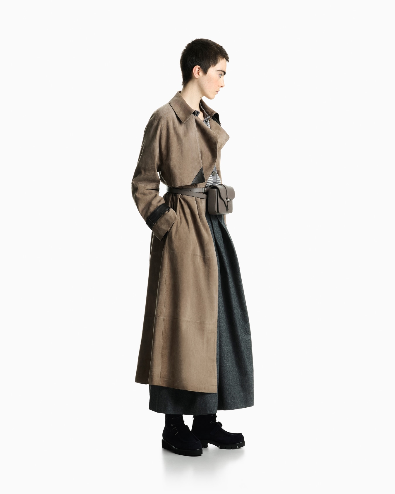 Long suede trench coat with leather trims and belt Slide 1