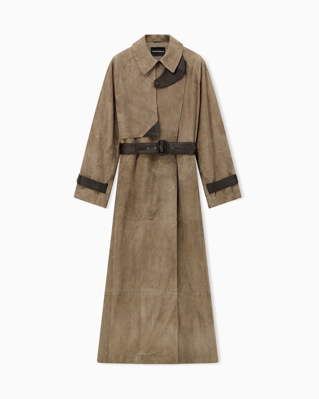 Long suede trench coat with leather trims and belt Slide 0
