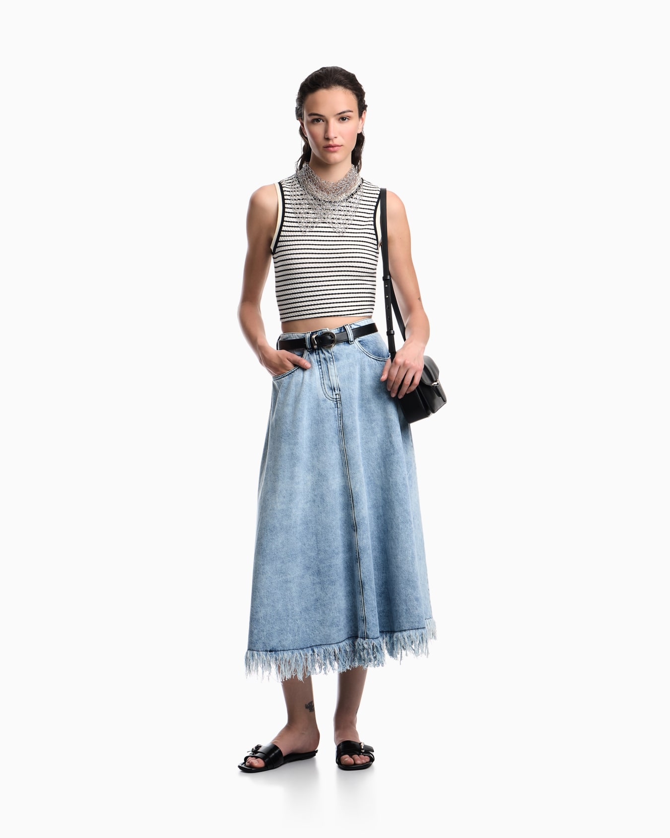 Midi skirt in vintage-look denim with fringes Slide 1