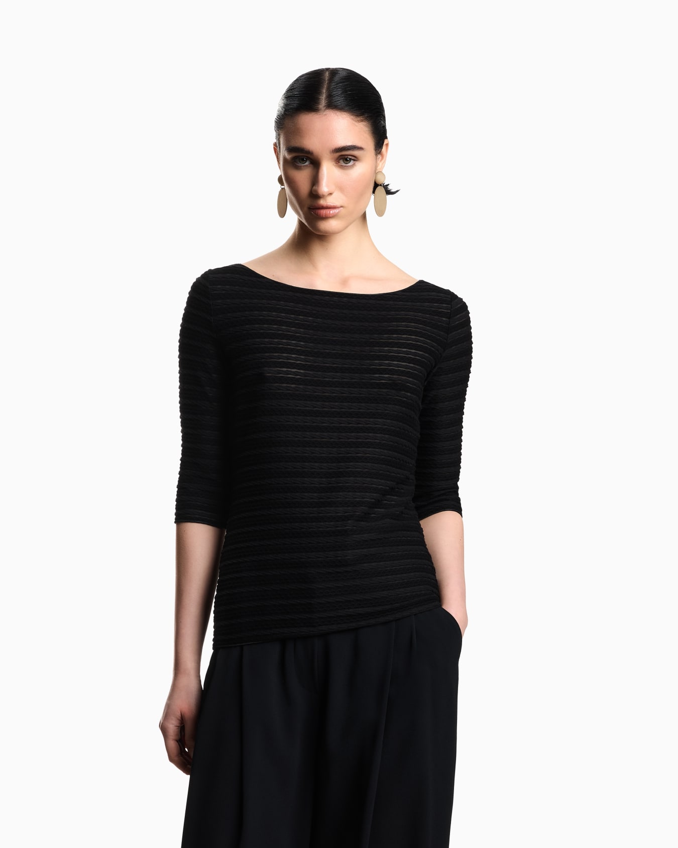 Jumper with three-quarter length sleeves in striped jacquard jersey with a pattern Slide 3