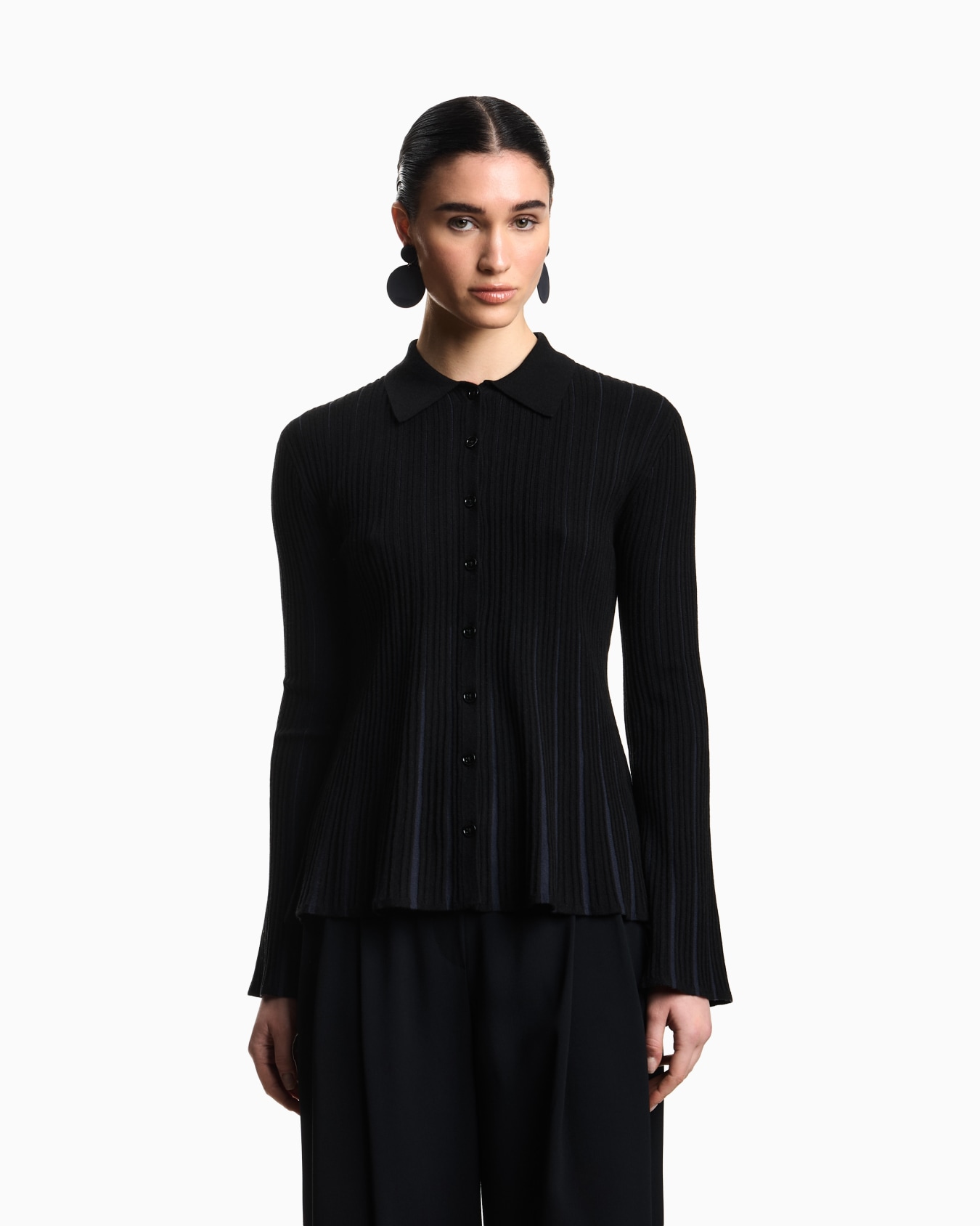 Classic-collar cardigan in plated rib knit Slide 3