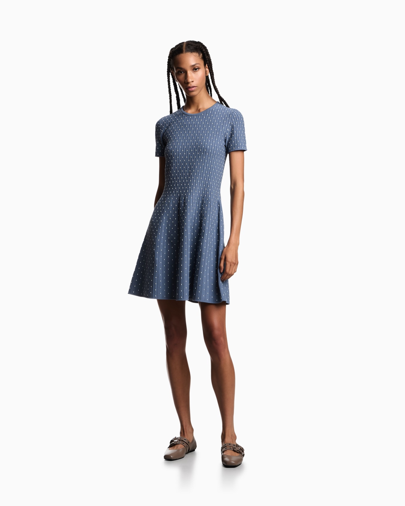 Polka-dot jacquard viscose plain-knit short dress Slide 1