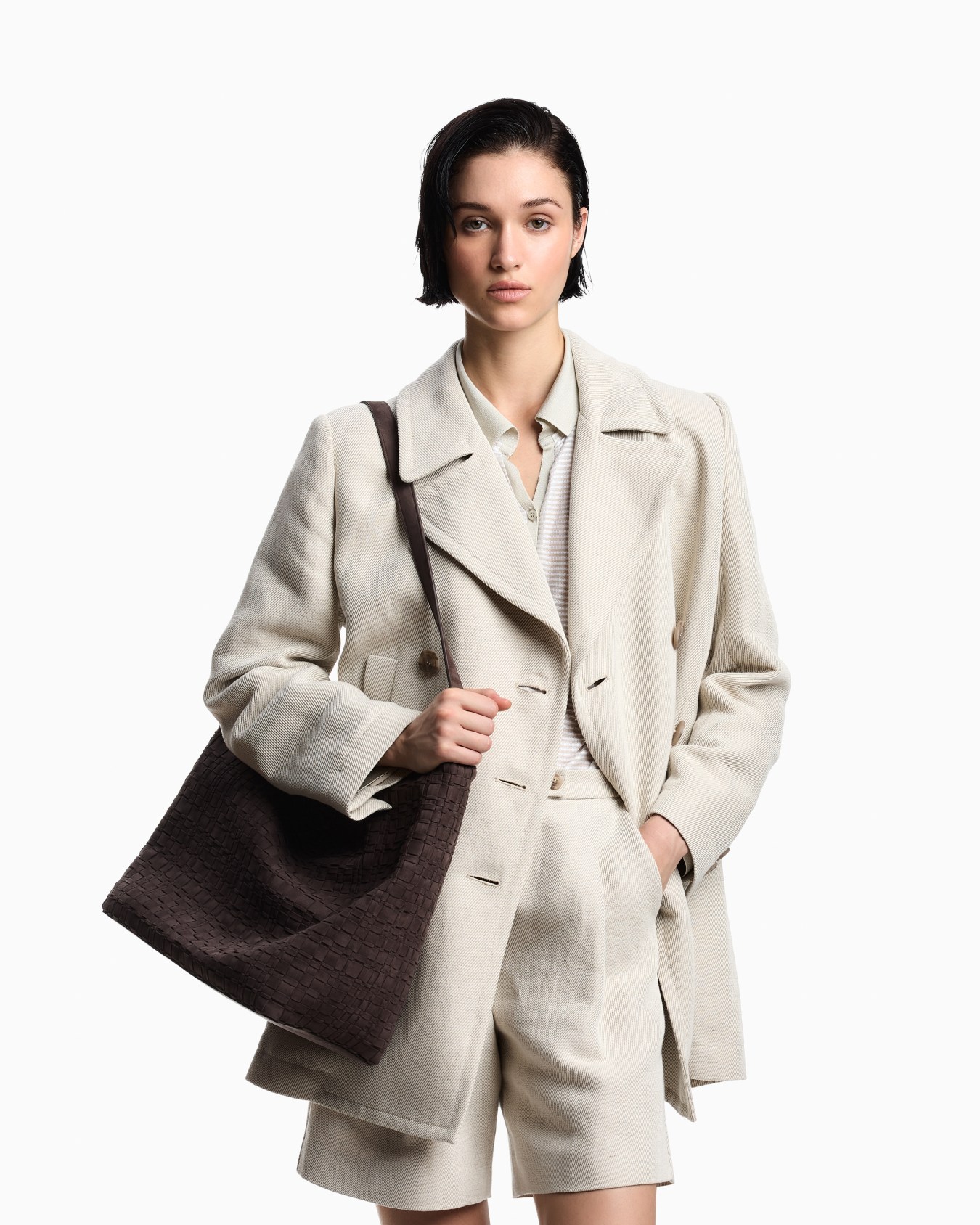 Double-breasted pea coat in linen blend cavalry Slide 3