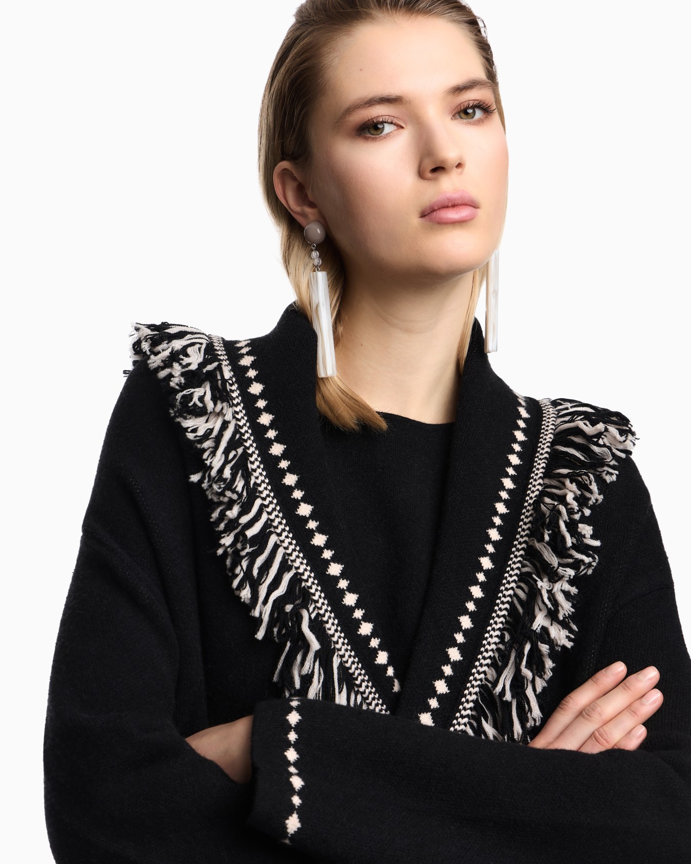 Grand cardigan avec bords à franges et motif jacquard Diapositive 3