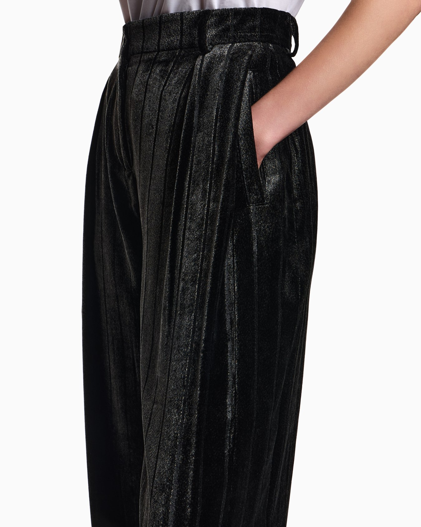 Velvet trousers with pleats with a devoré pinstriped motif Slide 4