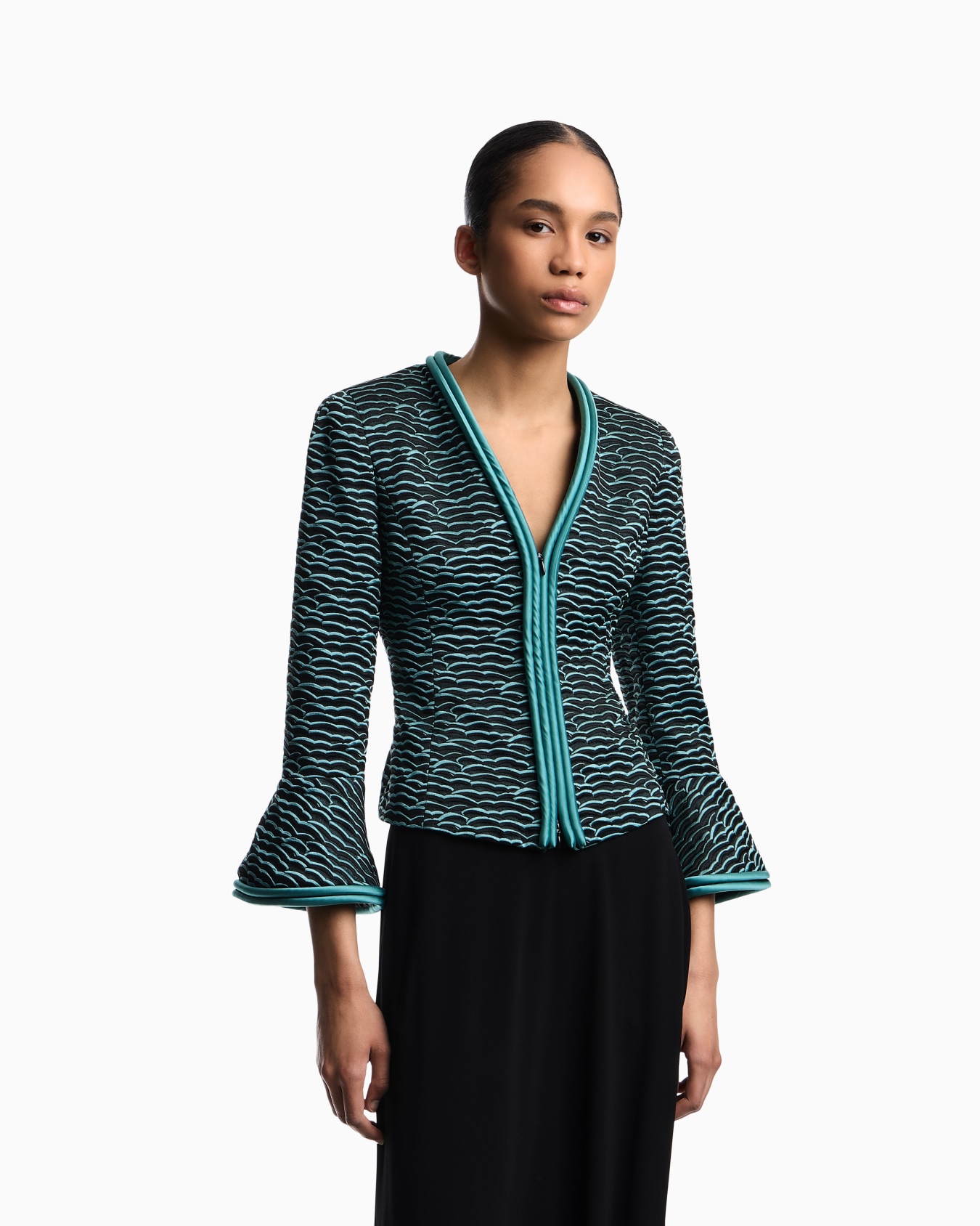 Flared-sleeved jacket in wavy waffle jacquard Slide 2