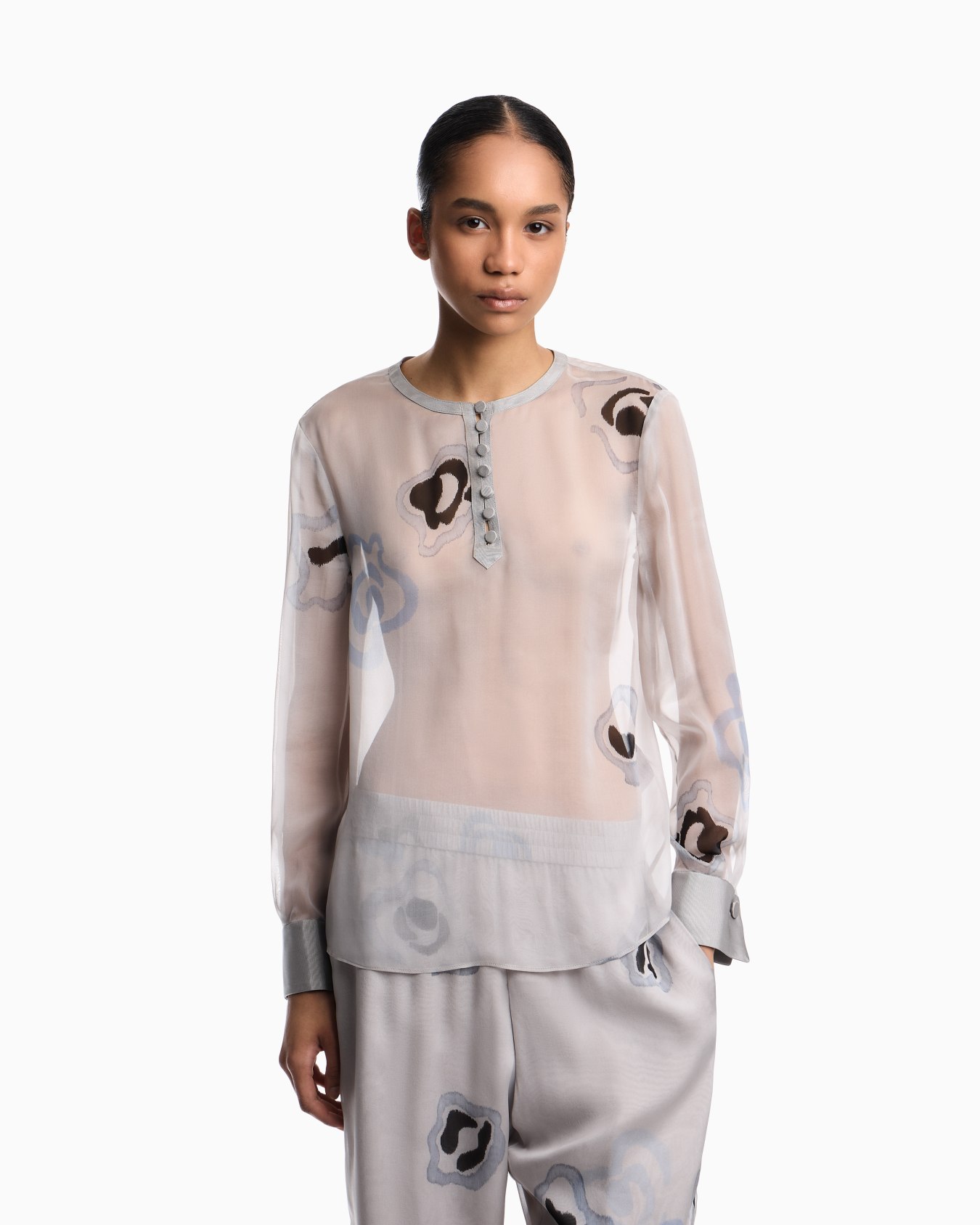 Silk chiffon blouse with watercolour-effect floral print Slide 2