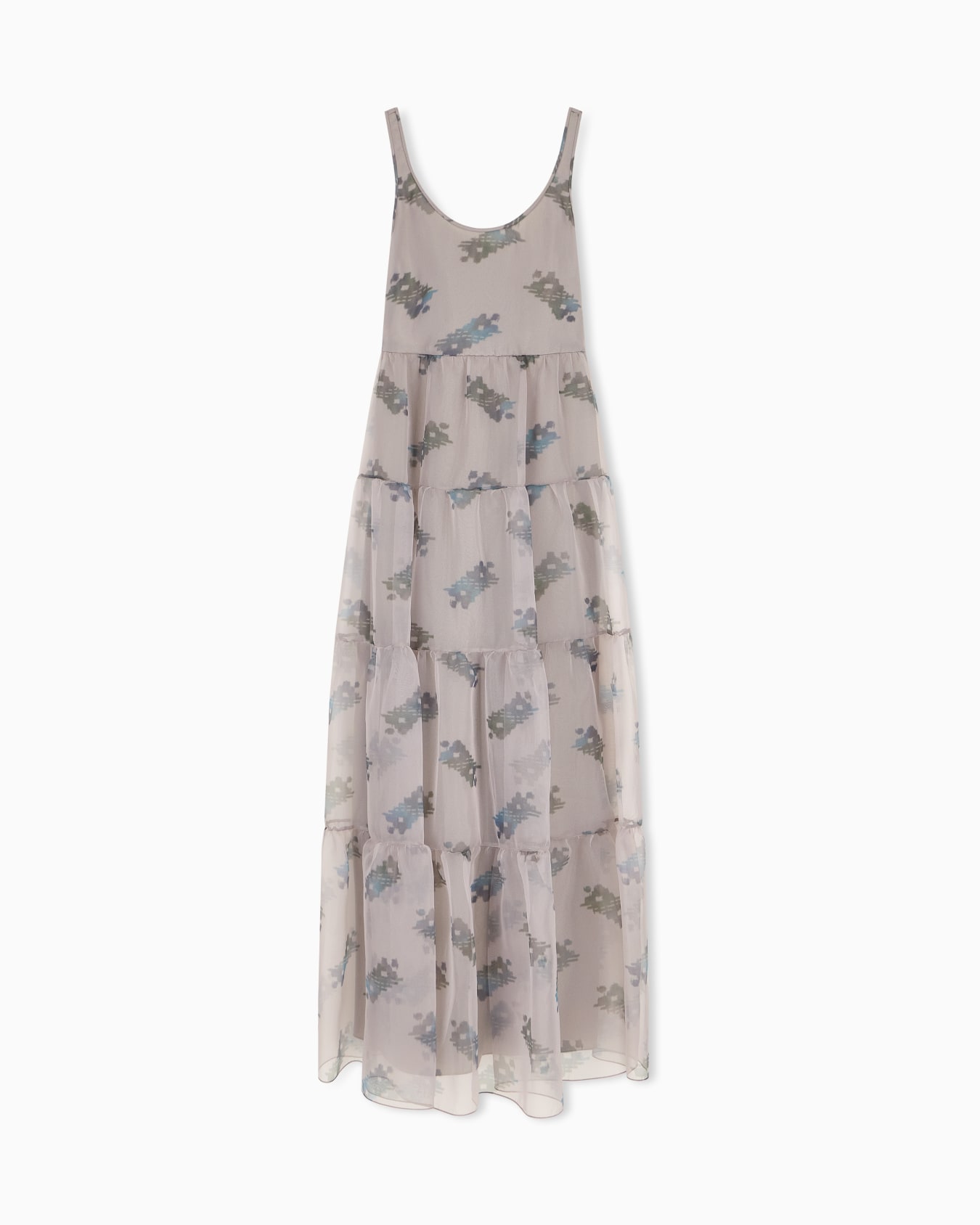 Long flounced dress in technical organza with carpet print Slide 0