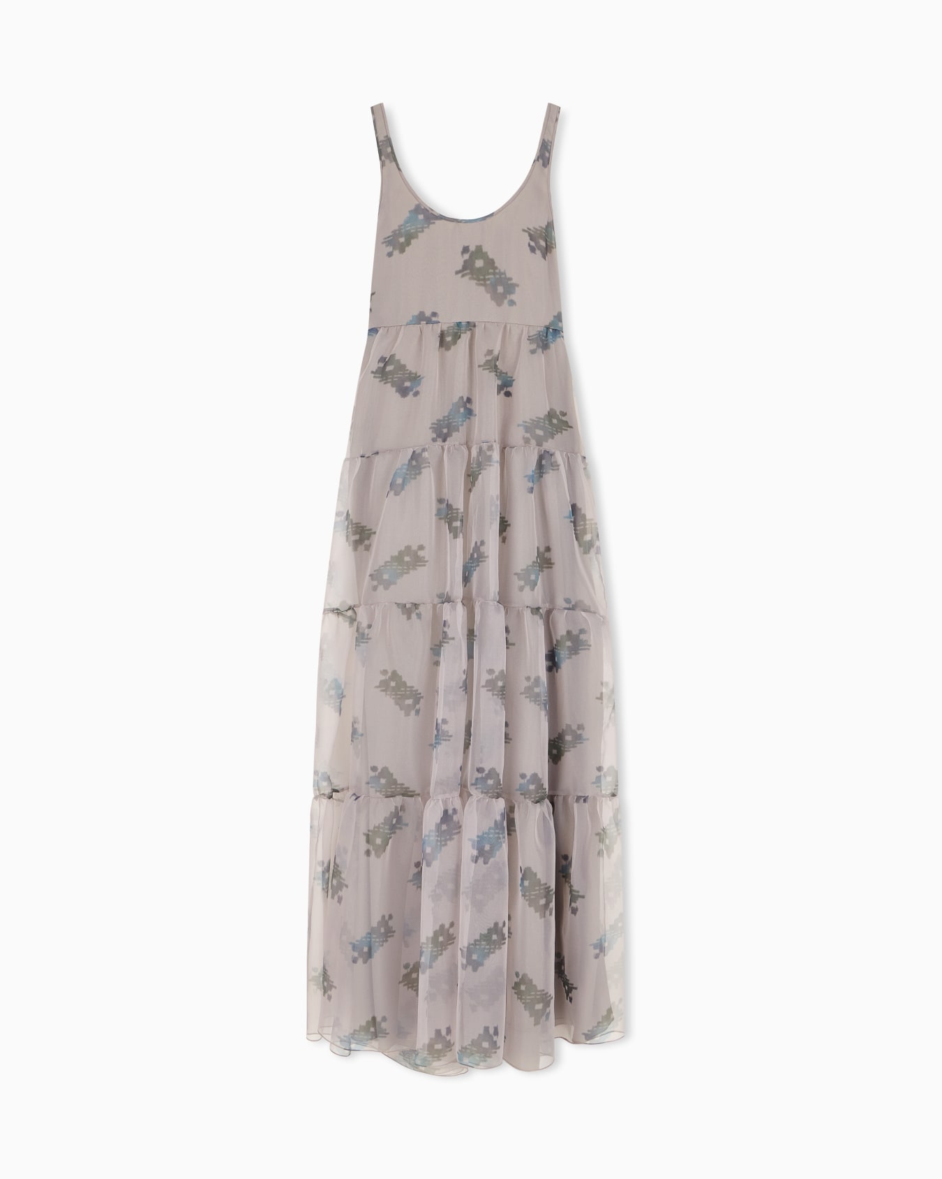 Long flounced dress in technical organza with carpet print Slide 2