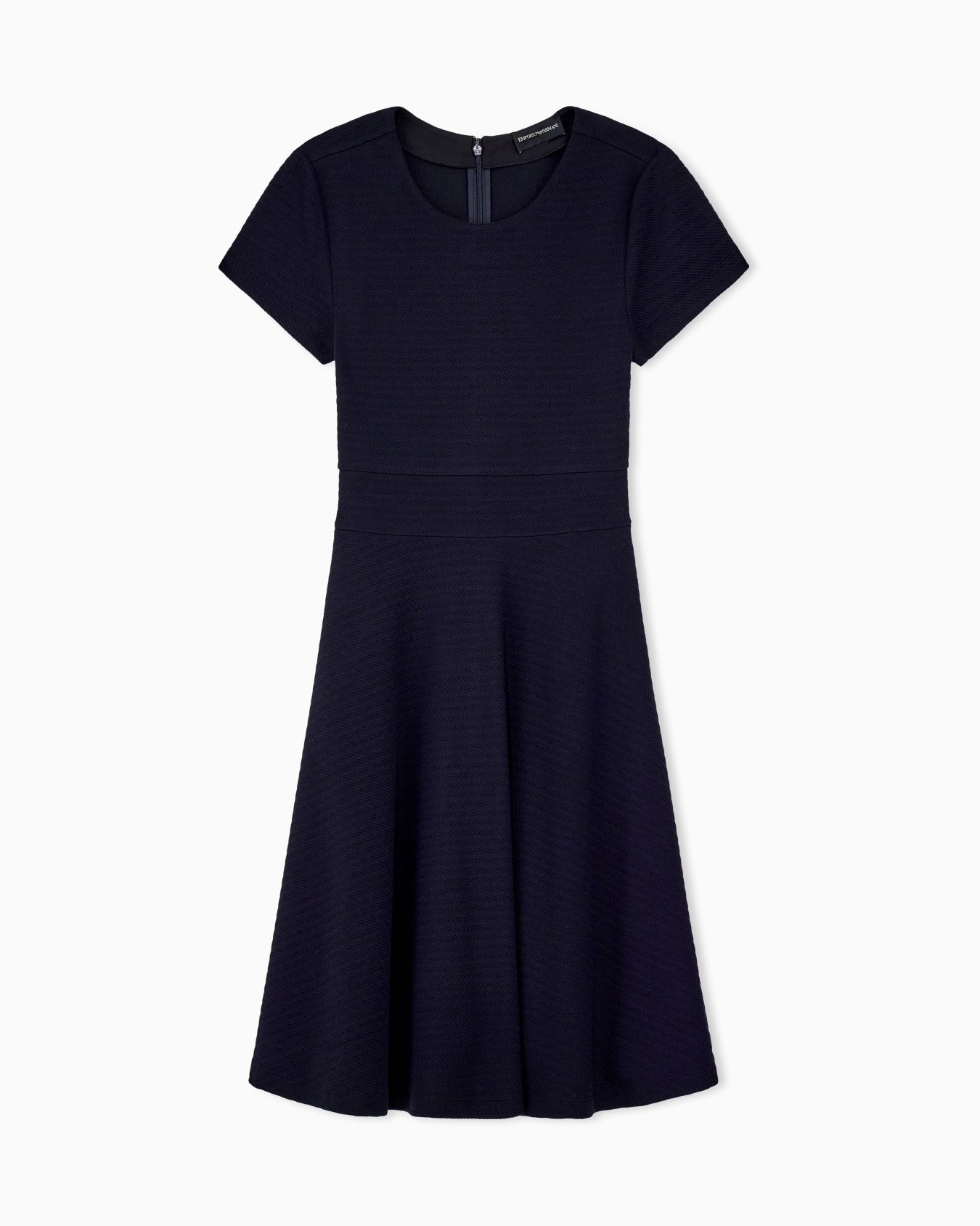 Dress in jersey jacquard with short sleeves and flared skirt Slide 0