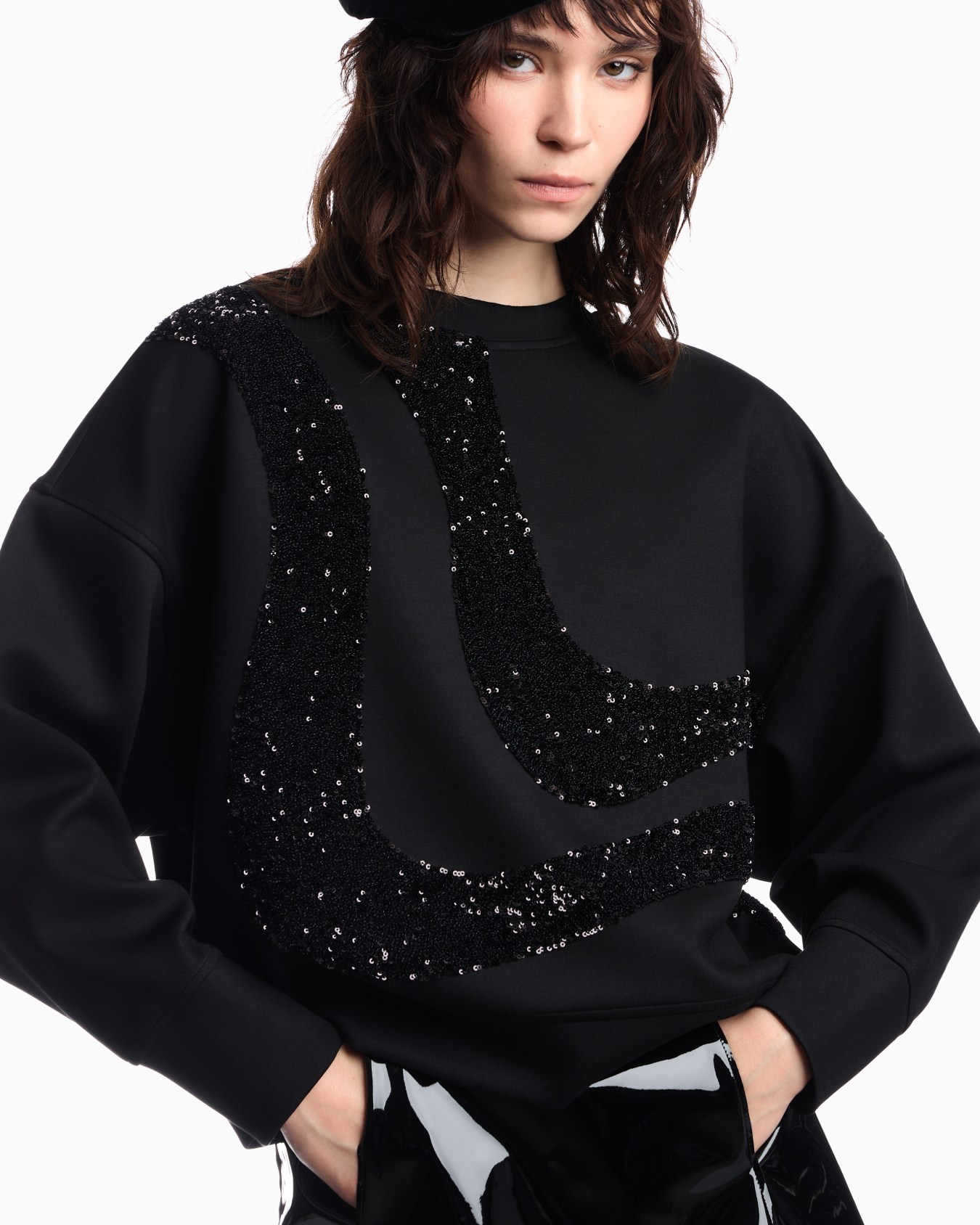 Crew-neck scuba sweatshirt with abstract sequin design Slide 6