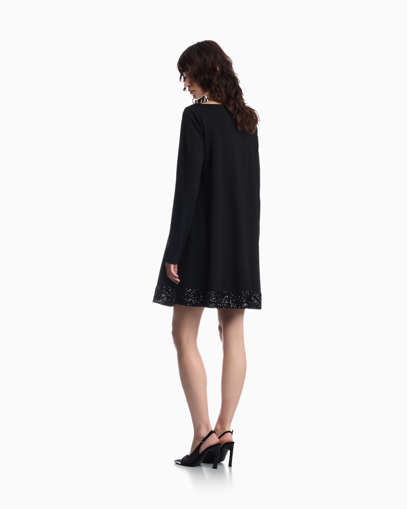 Stretch viscose jersey dress with boat neck and sequin hem Slide 4