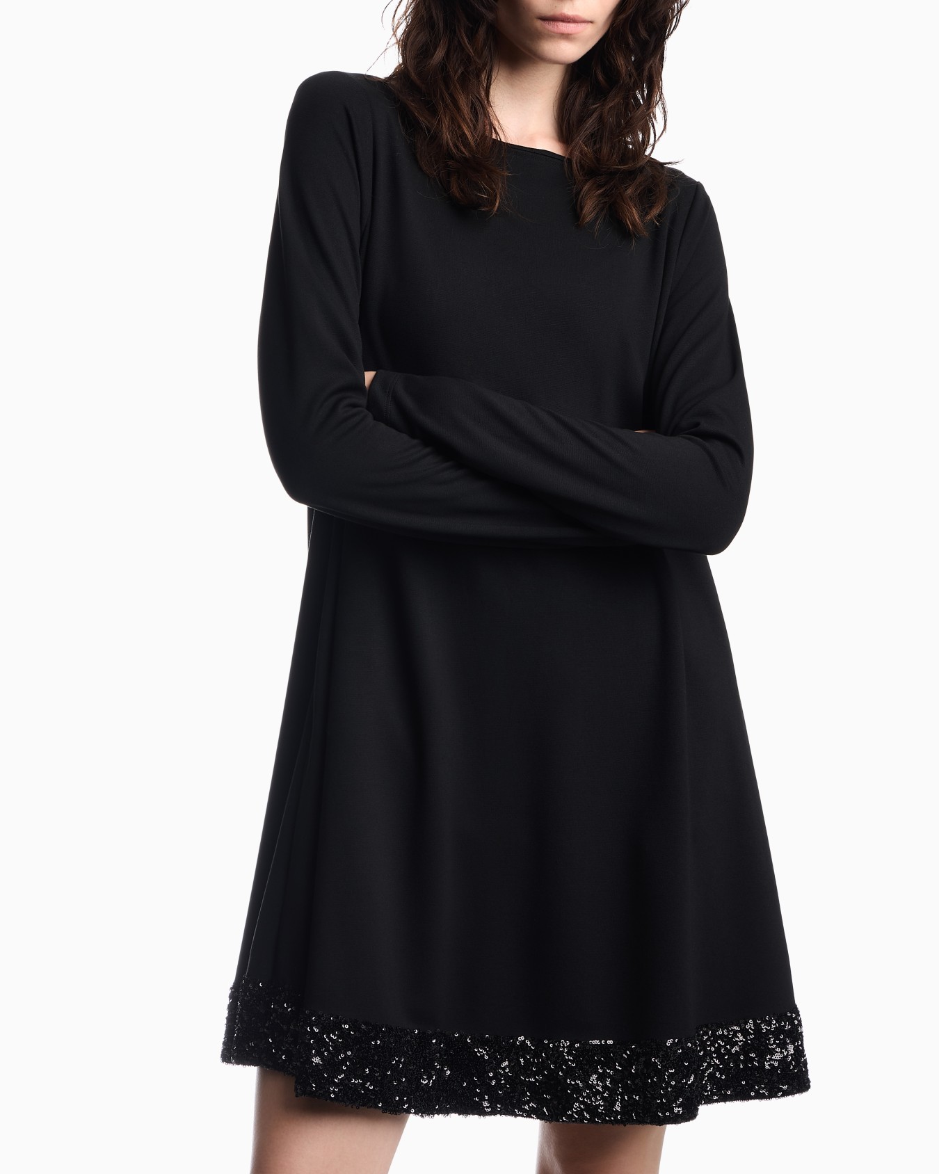 Stretch viscose jersey dress with boat neck and sequin hem Slide 5