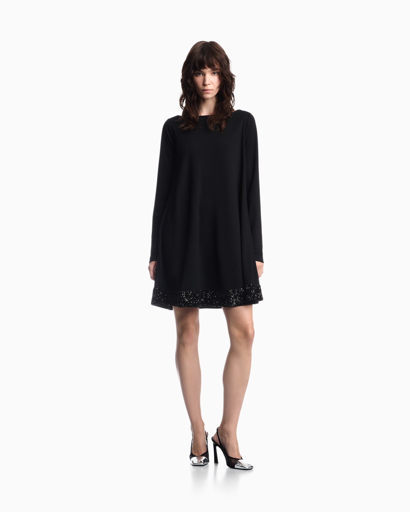 Stretch viscose jersey dress with boat neck and sequin hem Slide 1