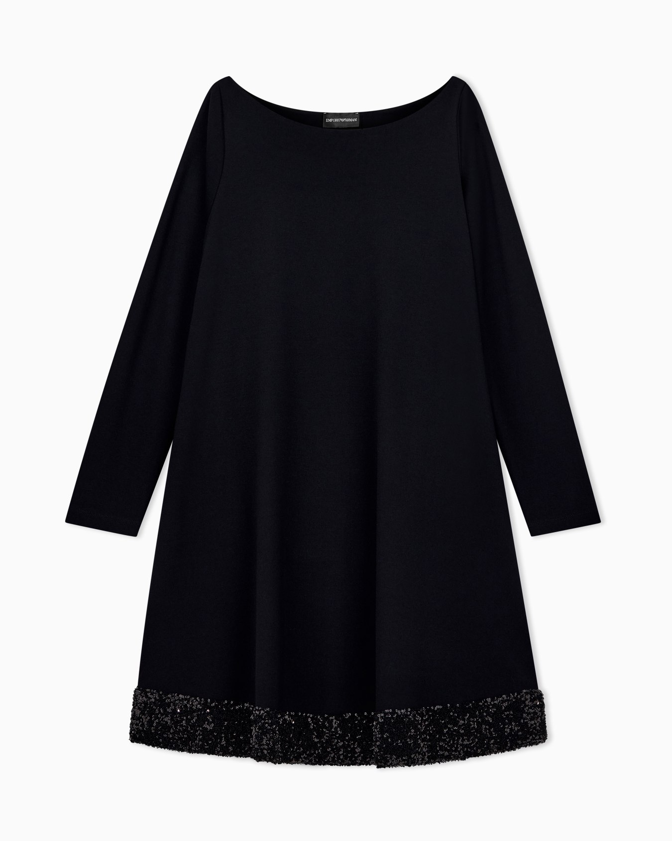 Stretch viscose jersey dress with boat neck and sequin hem Slide 0