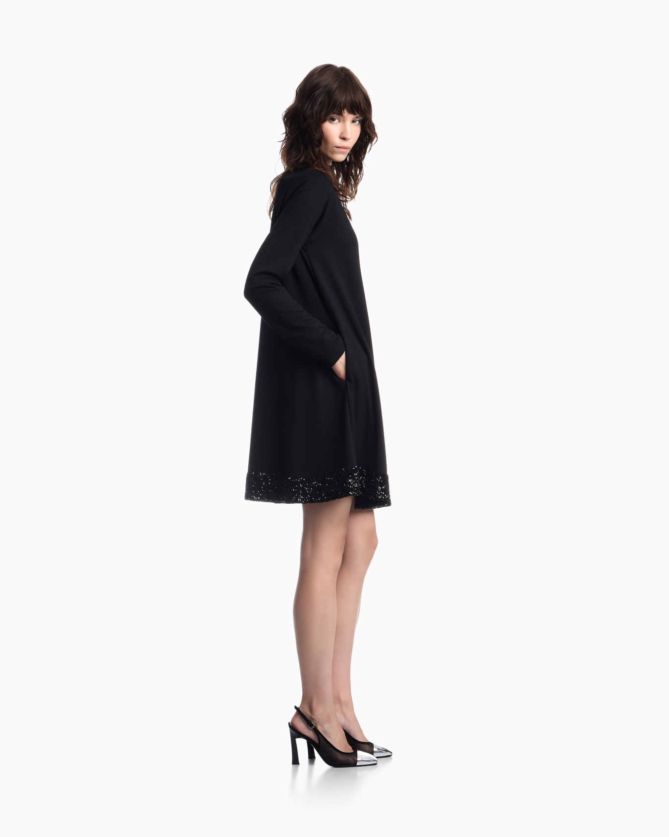 Stretch viscose jersey dress with boat neck and sequin hem Slide 6