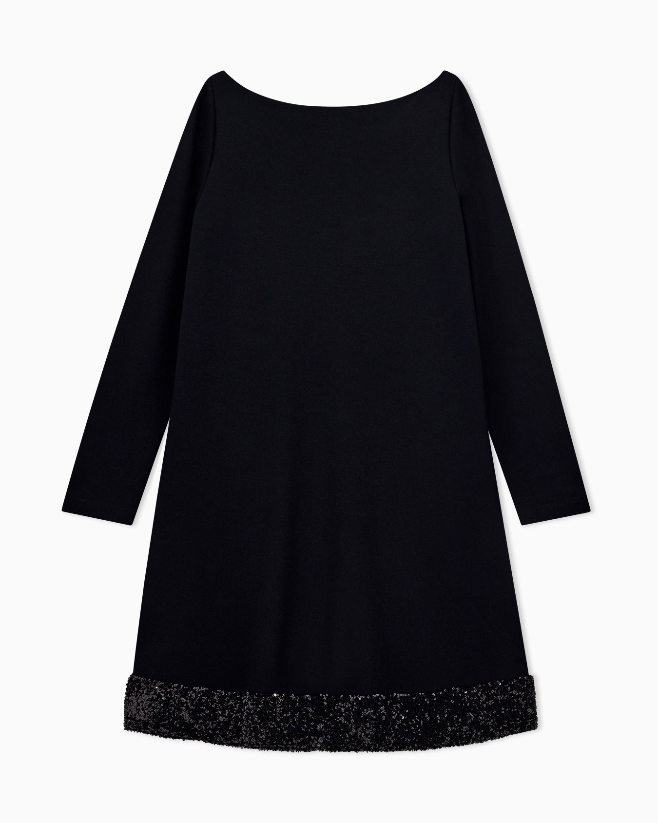 Stretch viscose jersey dress with boat neck and sequin hem Slide 1