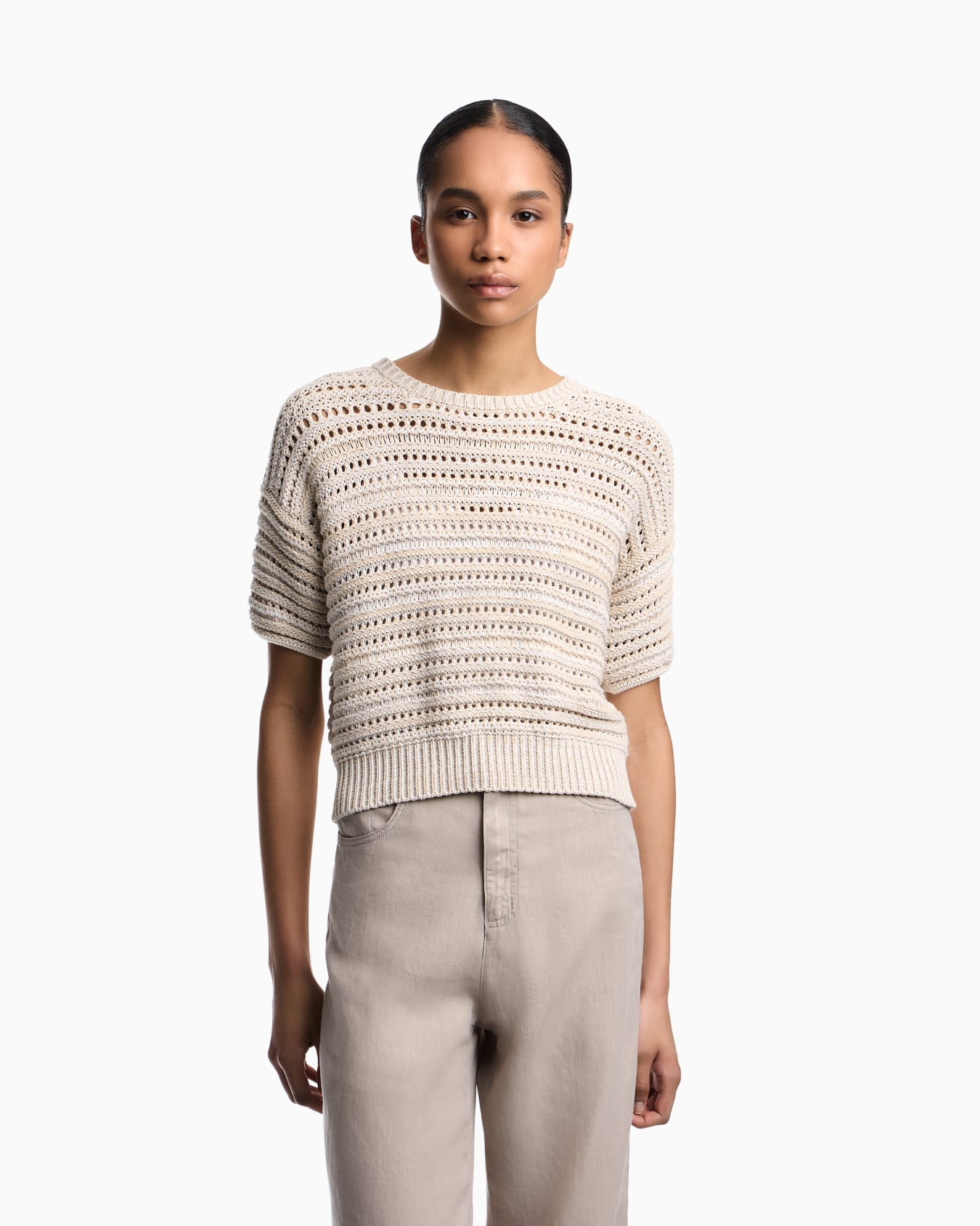 Maglione maniche corte con trama traforata Slide 2