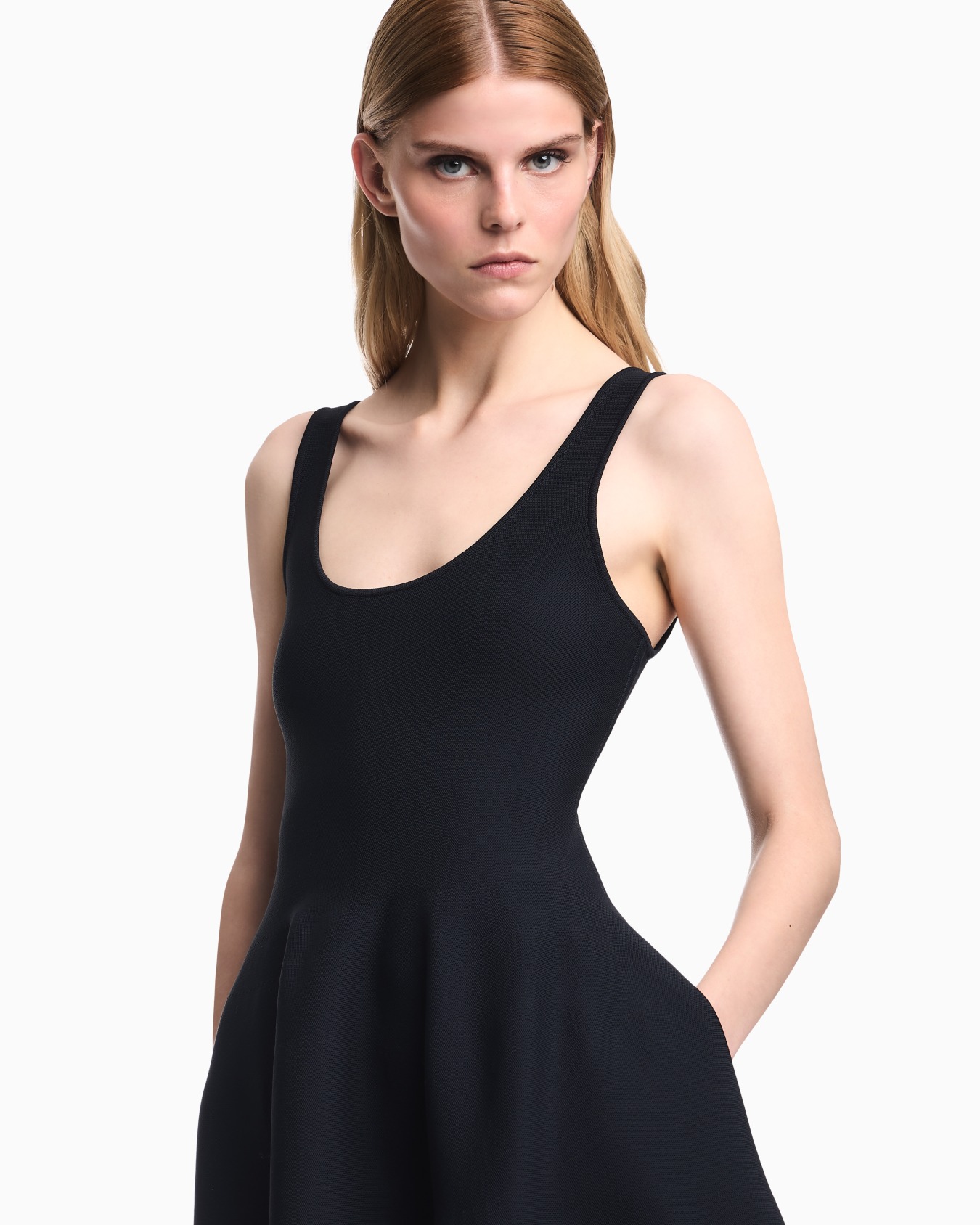 Sleeveless double knit A-line dress with a scoop neckline Slide 5