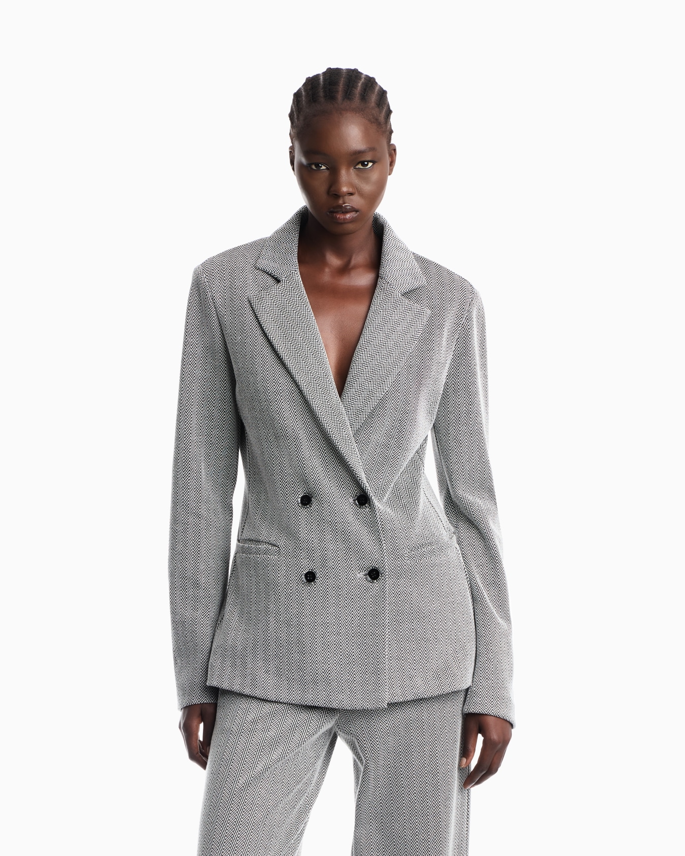 Double-breasted cotton jersey blazer with a chevron pattern Slide 3