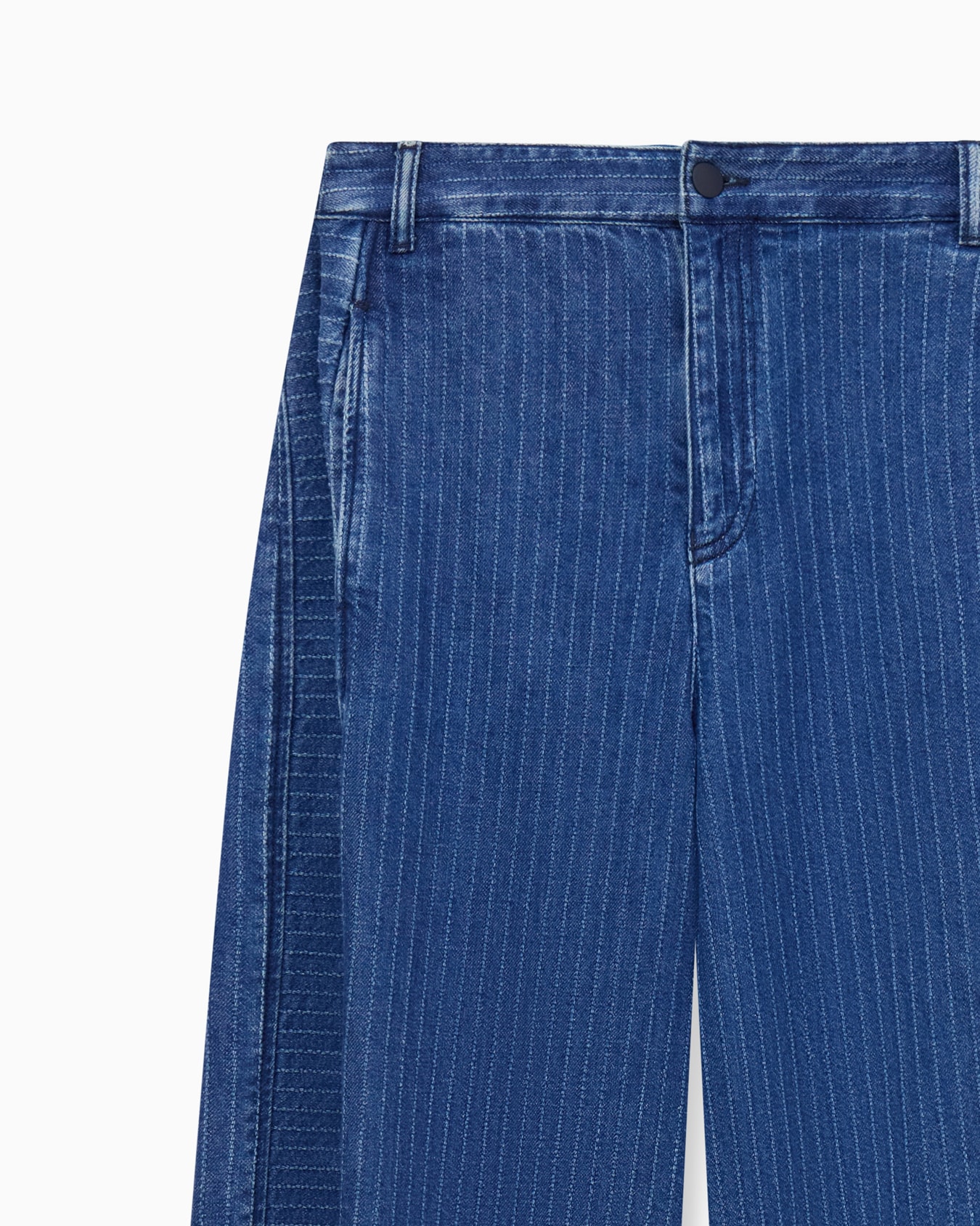 Five-pocket pinstriped denim pants with side bows Slide 2
