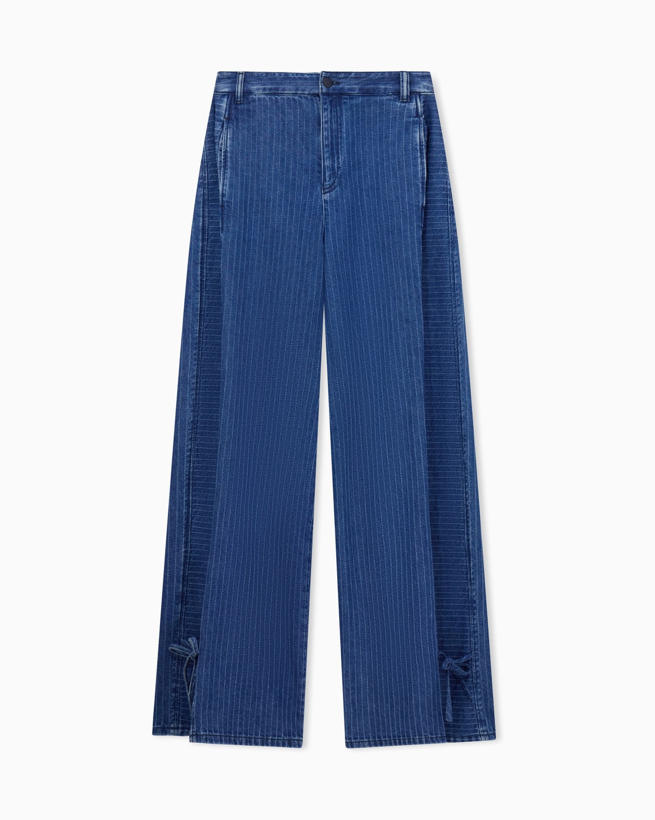 Five-pocket pinstriped denim pants with side bows Slide 0
