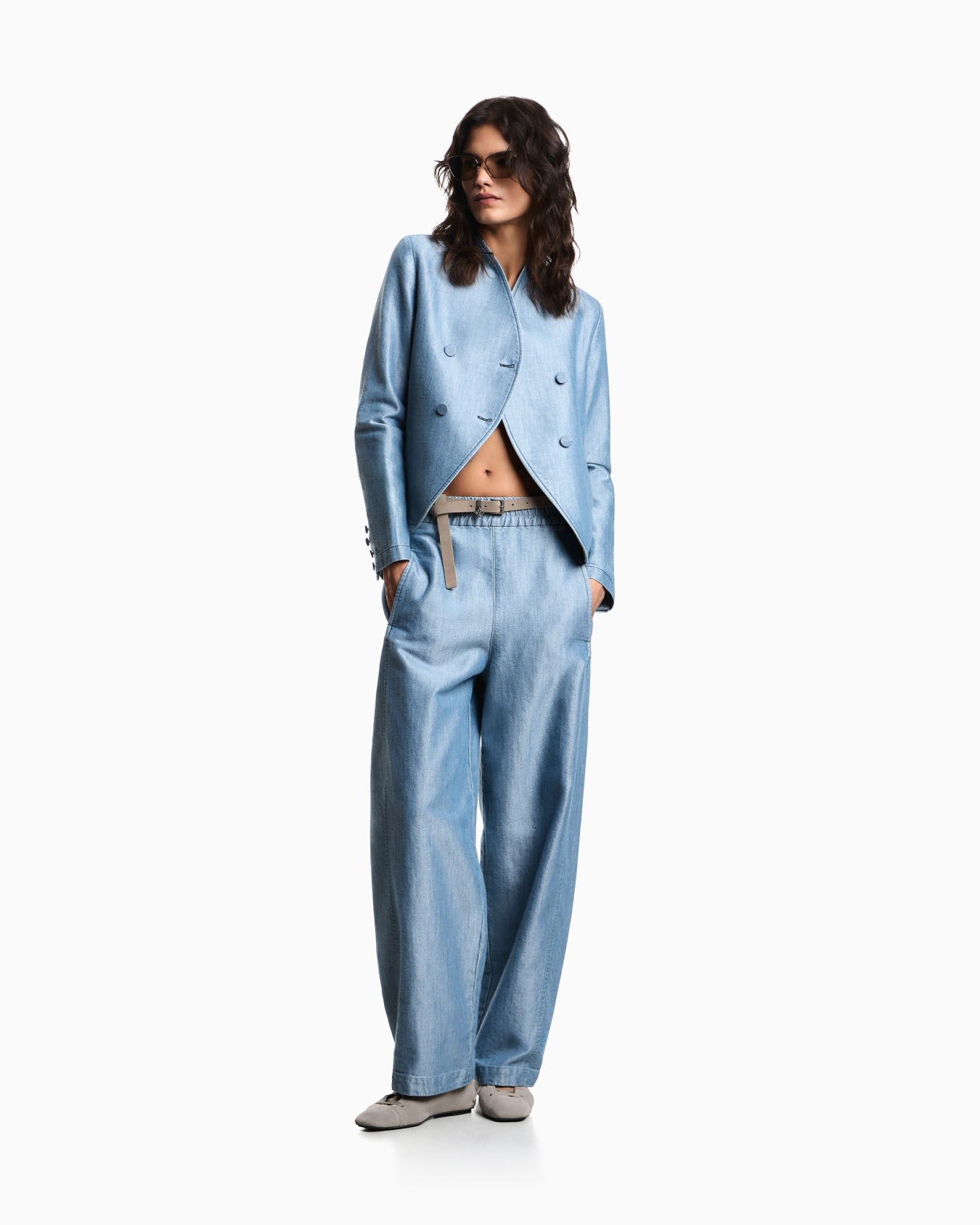 Blazer in metal-look denim with double-breasted wrap front Slide 1