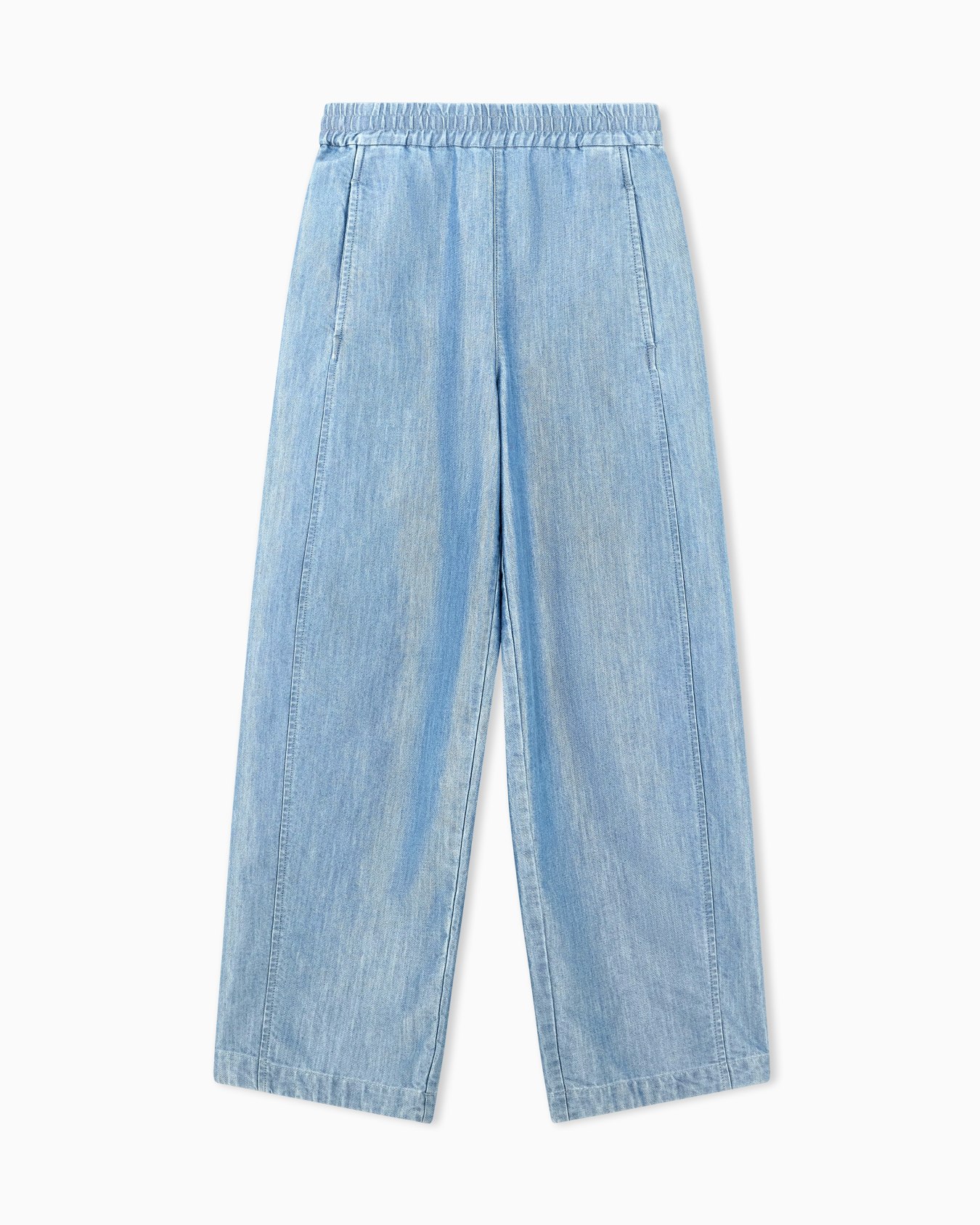 Wide-leg metal-look denim trousers with an elastic waist Slide 0
