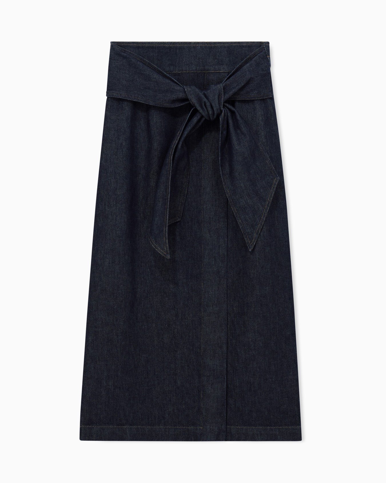 Cotton denim skirt with a wide waistband and self-tie belt Slide 0