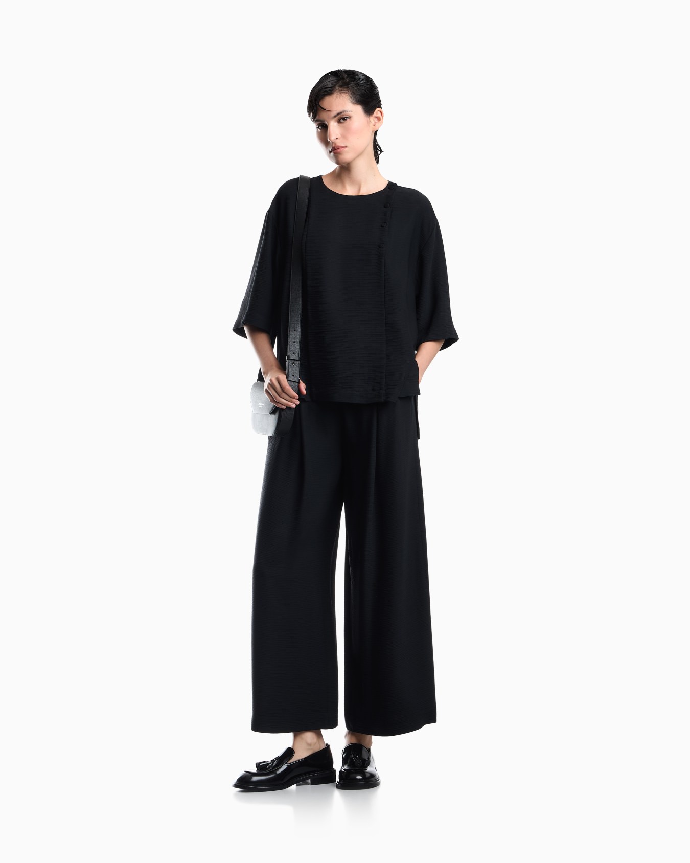 Palazzo pants in textured bark-effect fabric Signature Capsule Slide 1