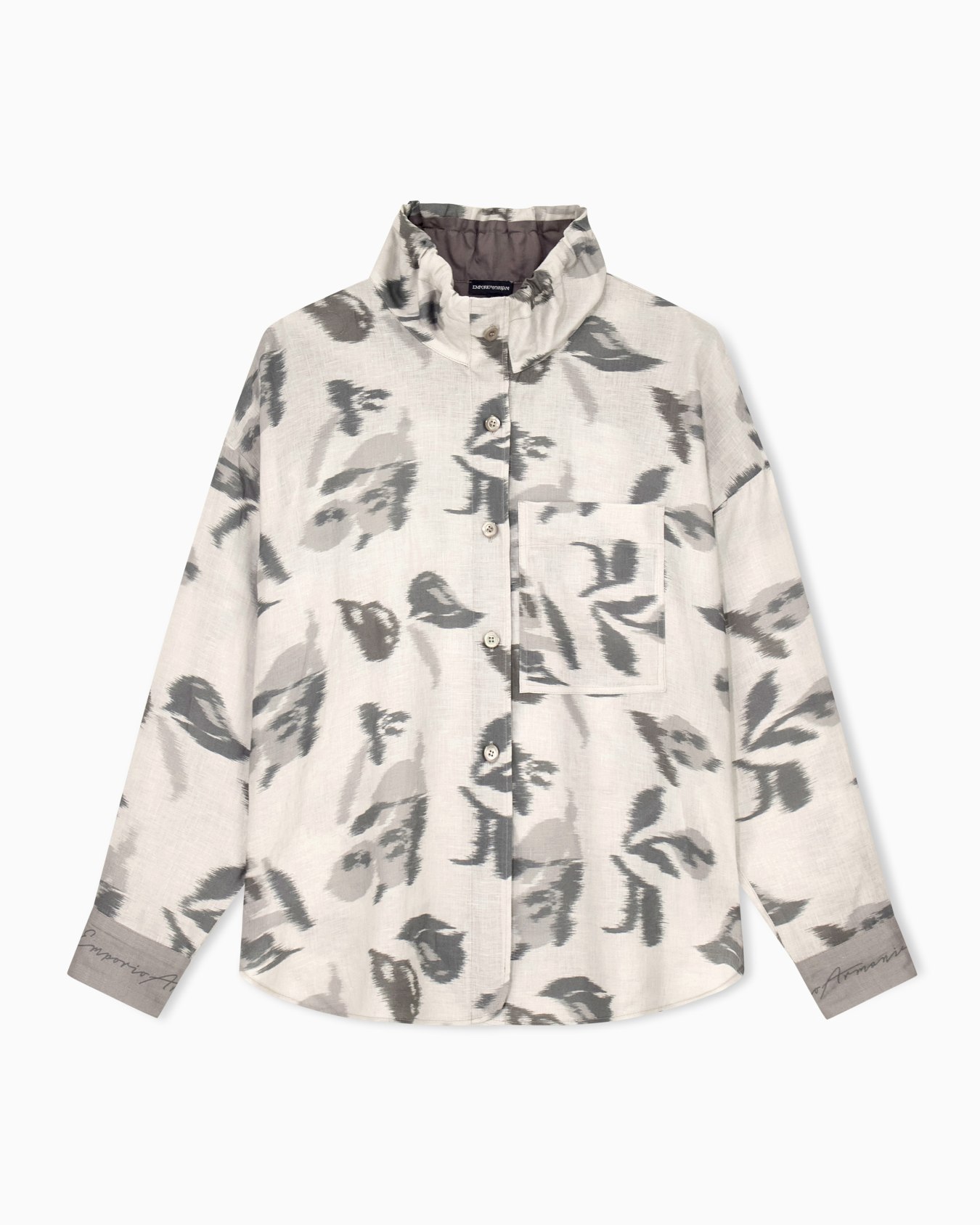 Linen shirt with a chiné flower print and high collar Slide 0