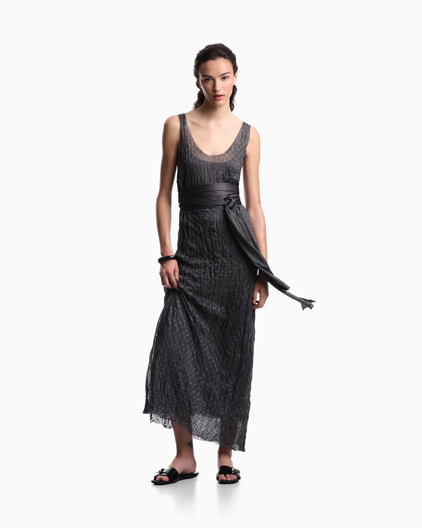 Long dress in jacquard brushed knit with rectangles motif Slide 1