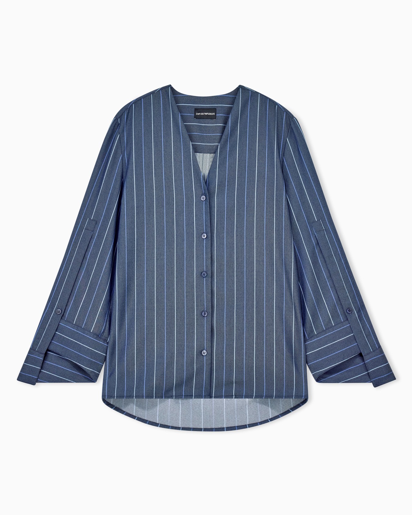 Long-sleeved V-neck shirt in striped jacquard denim Slide 0