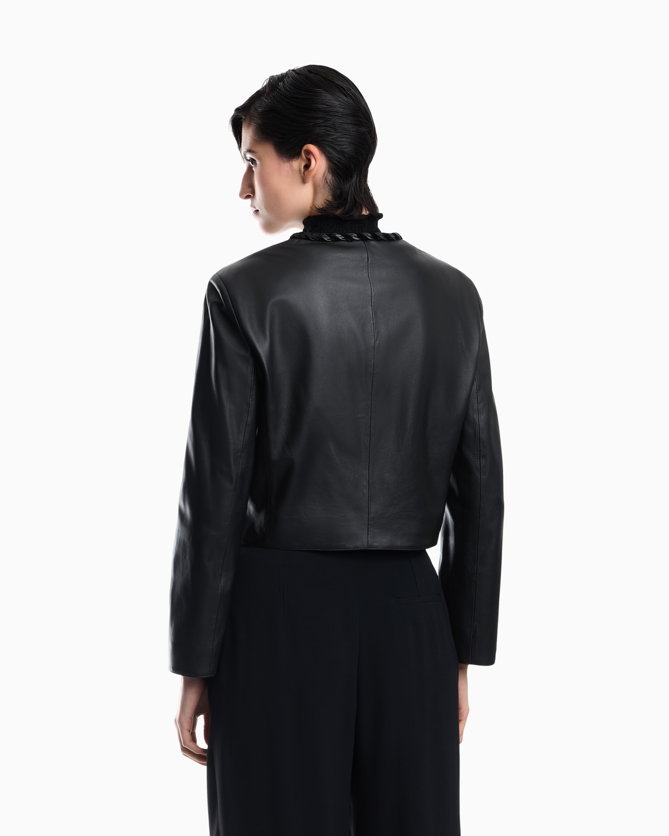 Cropped leather jacket with braided trim and button closure Slide 5