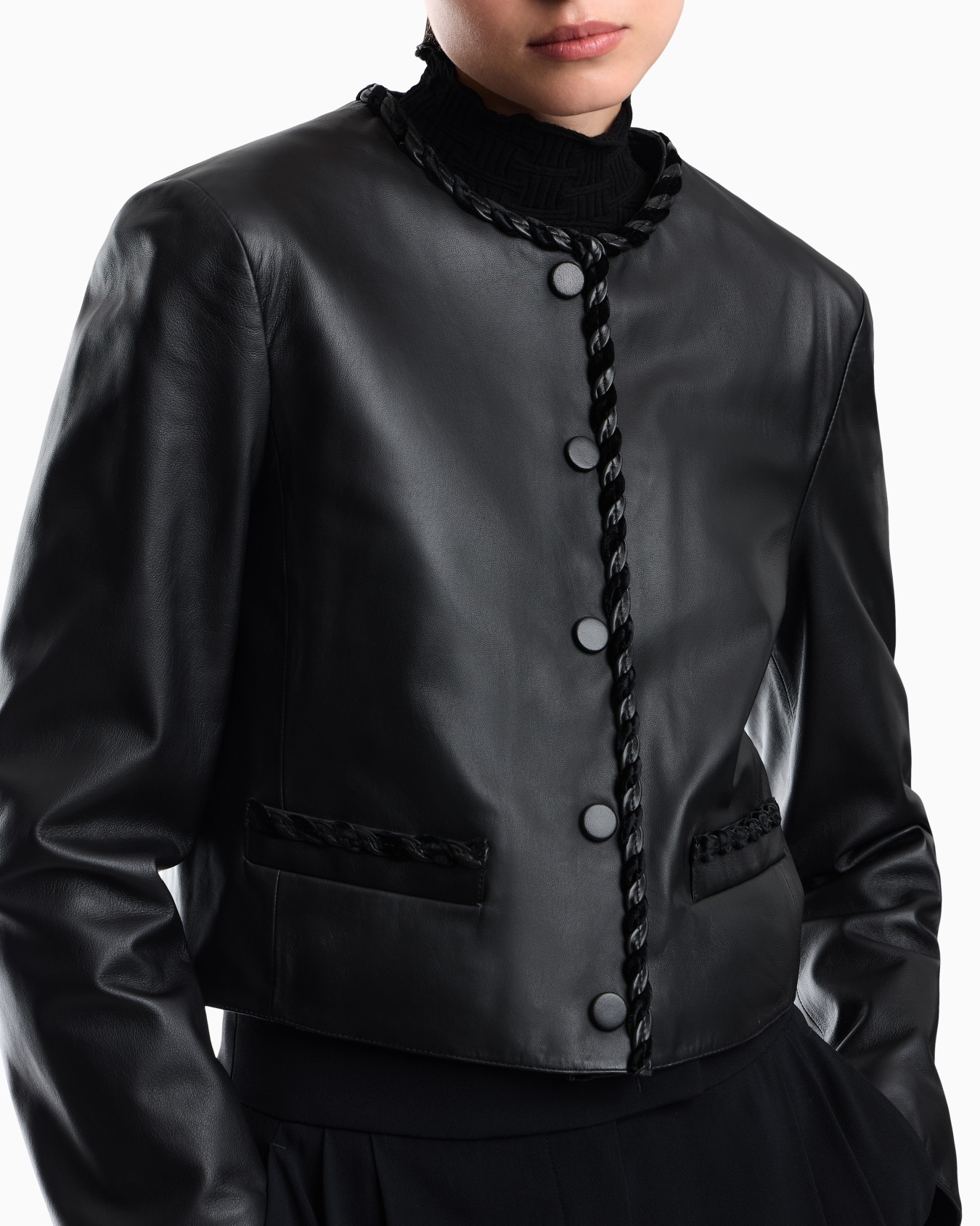 Cropped leather jacket with braided trim and button closure Slide 6