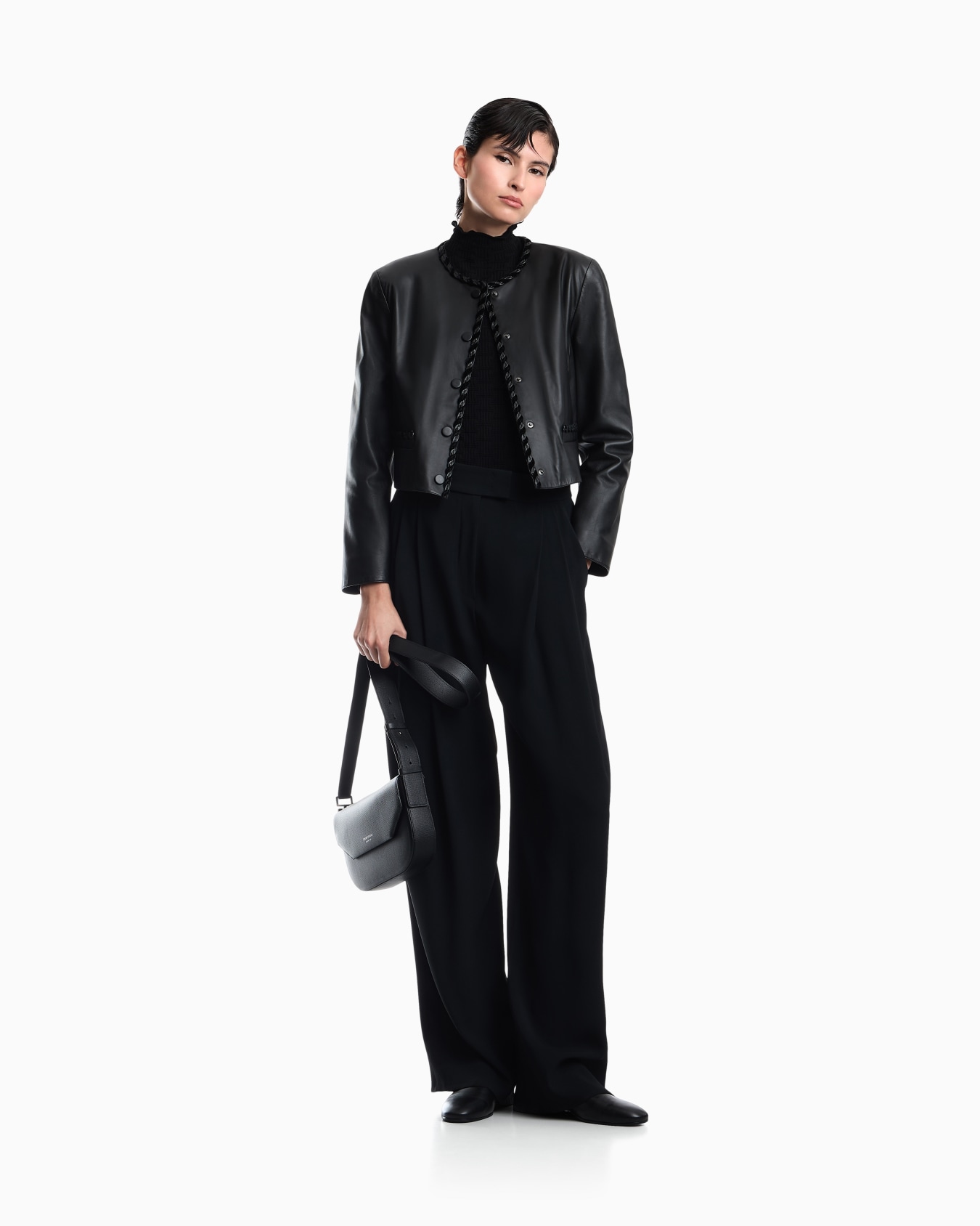 Cropped leather jacket with braided trim and button closure Slide 1