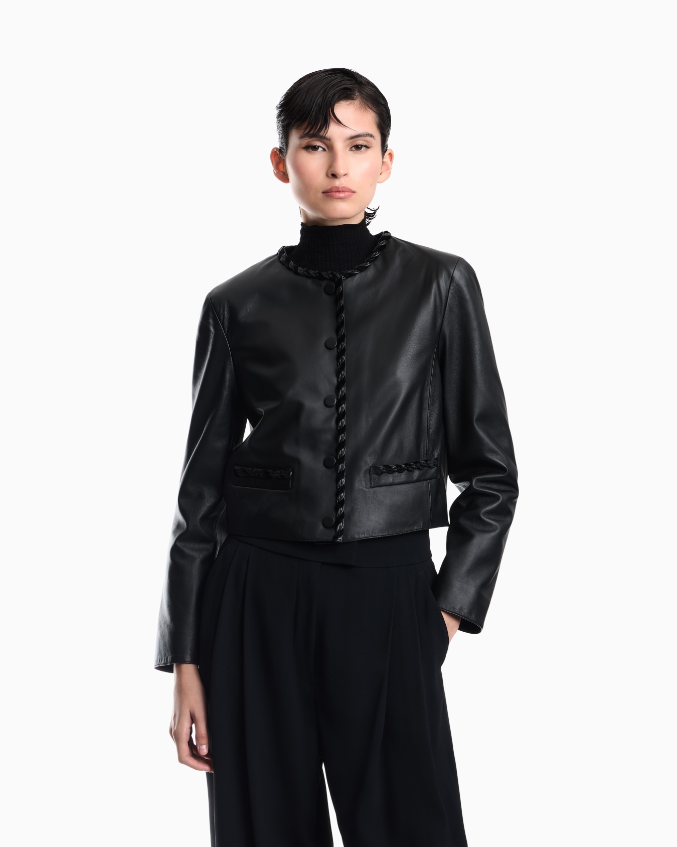 Cropped leather jacket with braided trim and button closure Slide 3