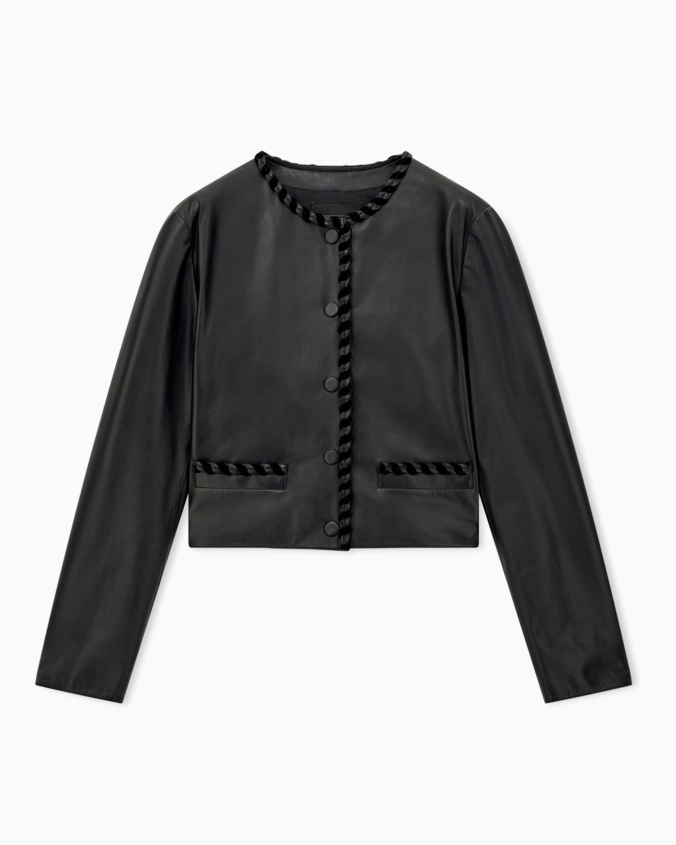 Veste courte en cuir boutonnée avec bordure tressée Diapositive 0