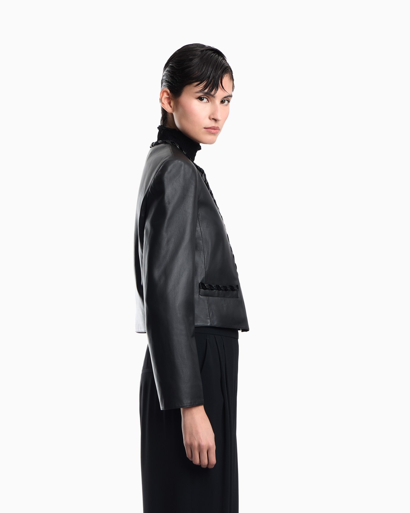 Cropped leather jacket with braided trim and button closure Slide 7
