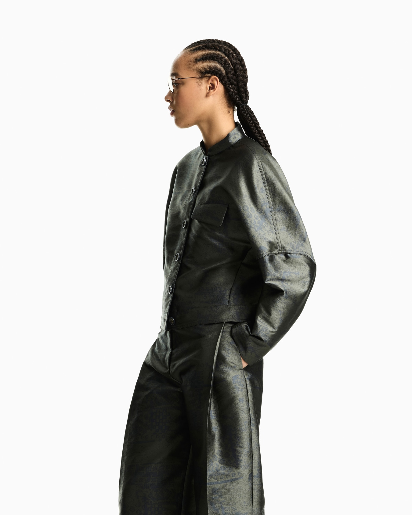 Jacquard landscape blouson with mandarin collar and buttons Slide 2