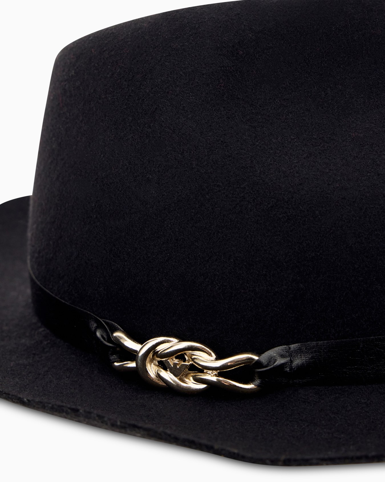 Merino wool fedora hat with a leather band and chain detail Slide 1