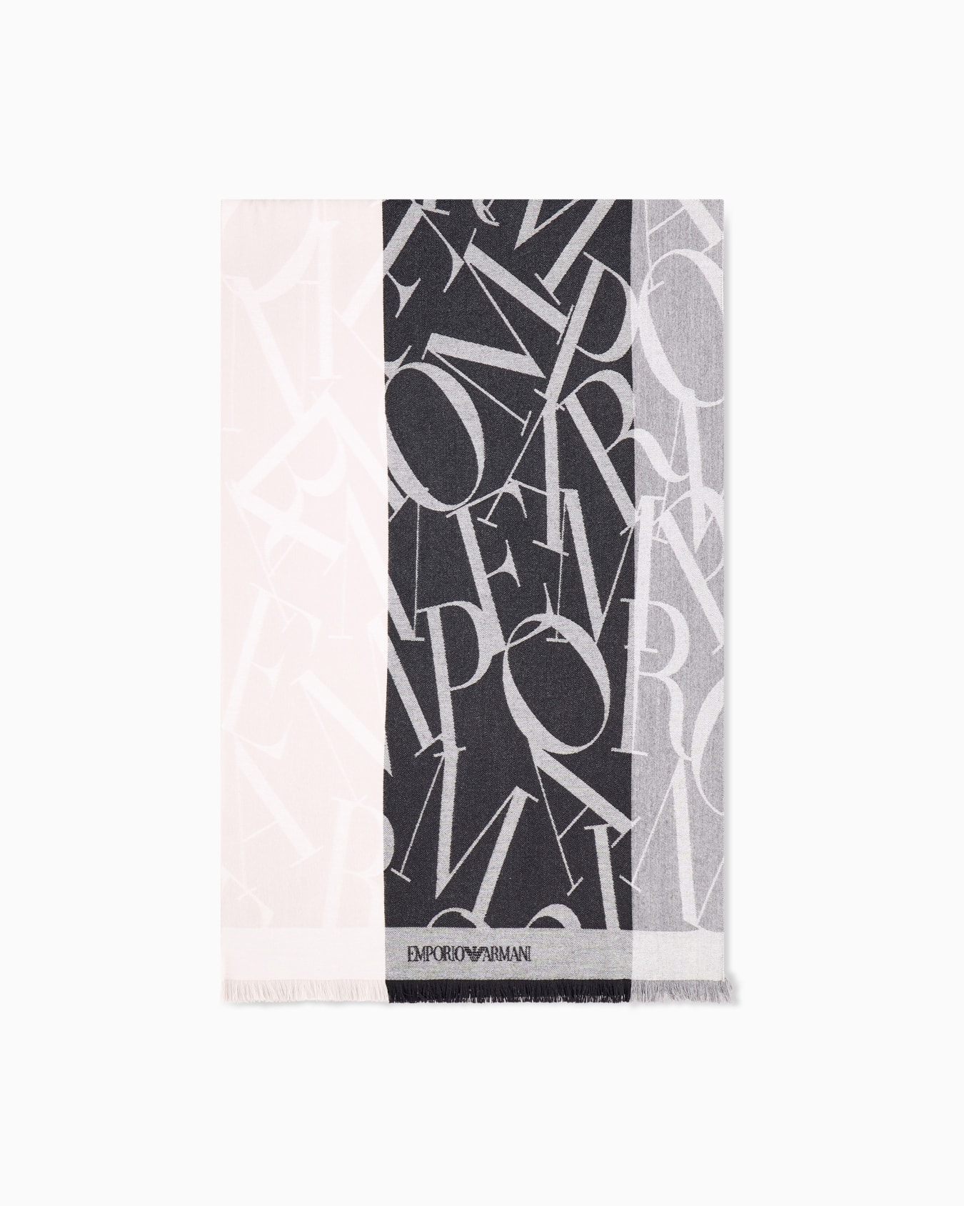 Jacquard logo stole in wool and cashmere with fringed edges Slide 0
