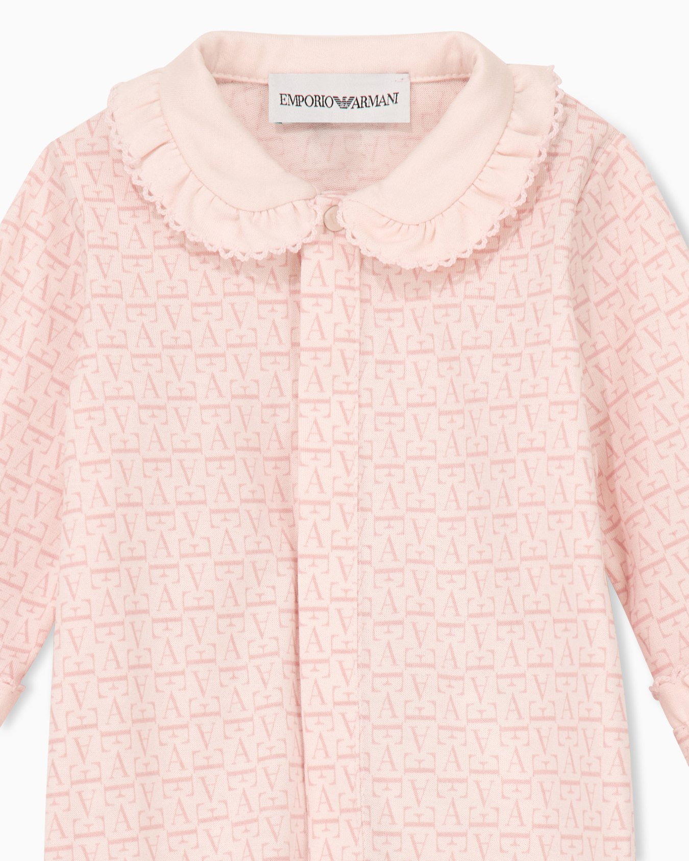 Cotton jersey jumpsuit with logo pattern and ruffled collar 슬라이드 1