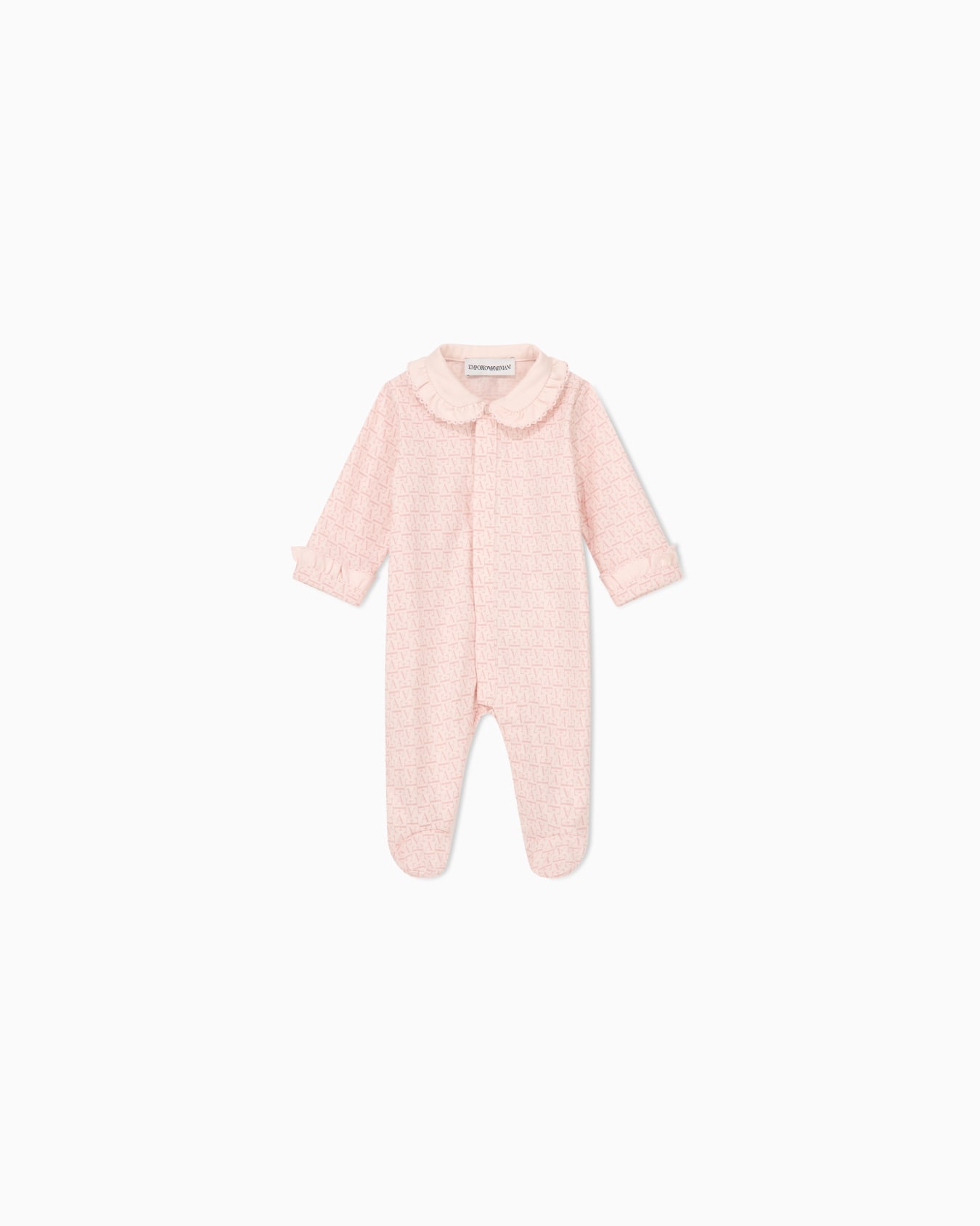 Cotton jersey jumpsuit with logo pattern and ruffled collar 슬라이드 0