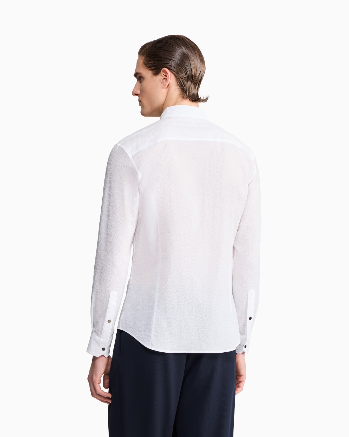 Camicia slim fit con zip in cotone seersucker Slide 5