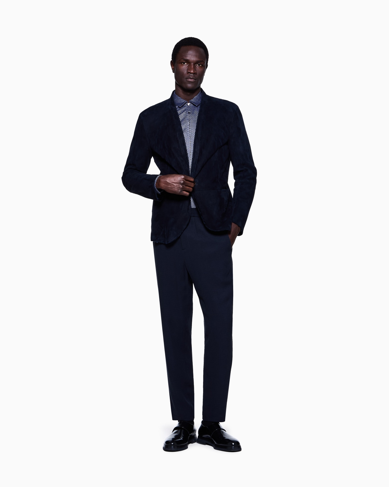 Camicia slim fit con zip in cotone con motivo geometrico floccato Slide 1